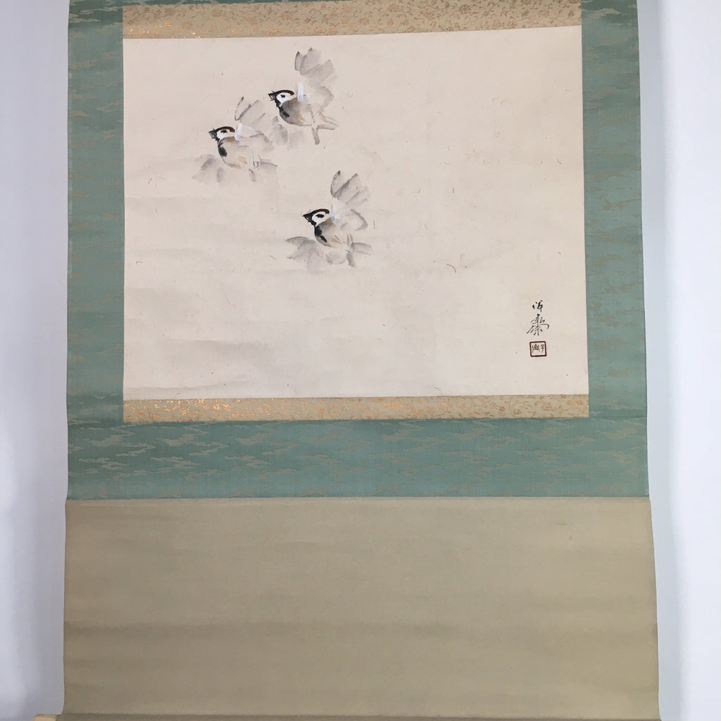 Japanese Hanging Scroll Vtg Kakejiku Kakemono Painting Swallows Fly SC663