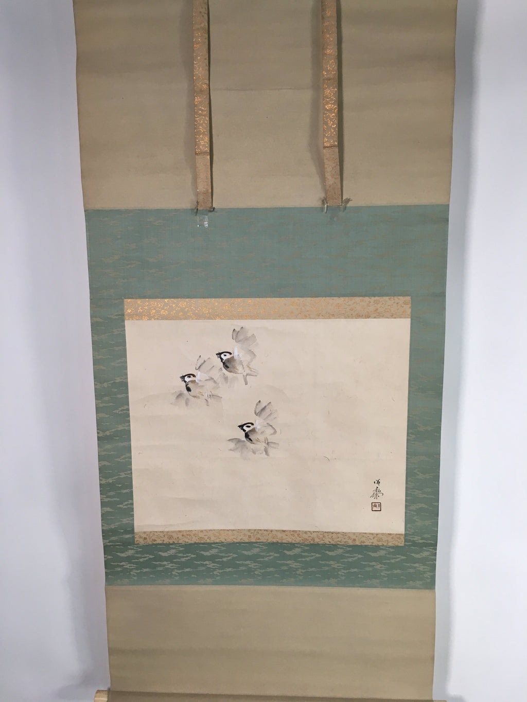 Japanese Hanging Scroll Vtg Kakejiku Kakemono Painting Swallows Fly SC663