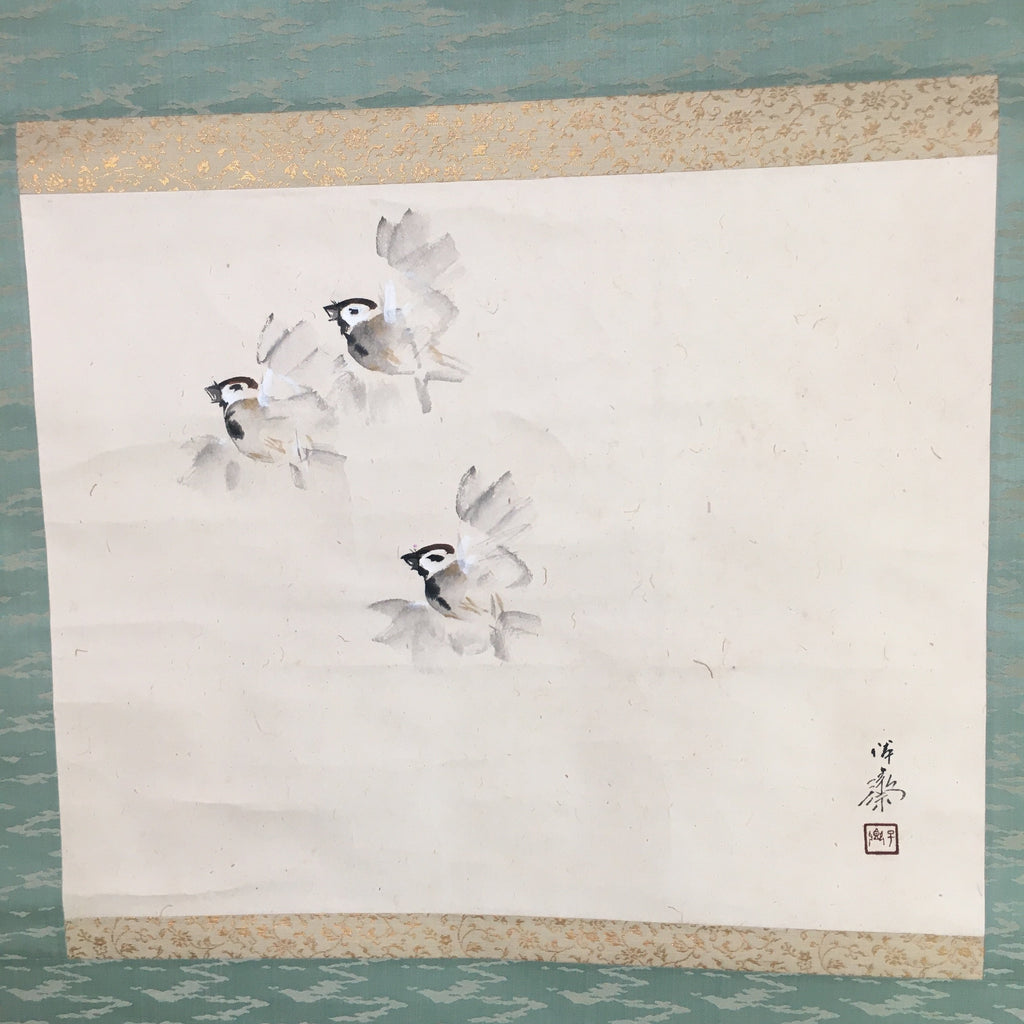 Japanese Hanging Scroll Vtg Kakejiku Kakemono Painting Swallows Fly SC663