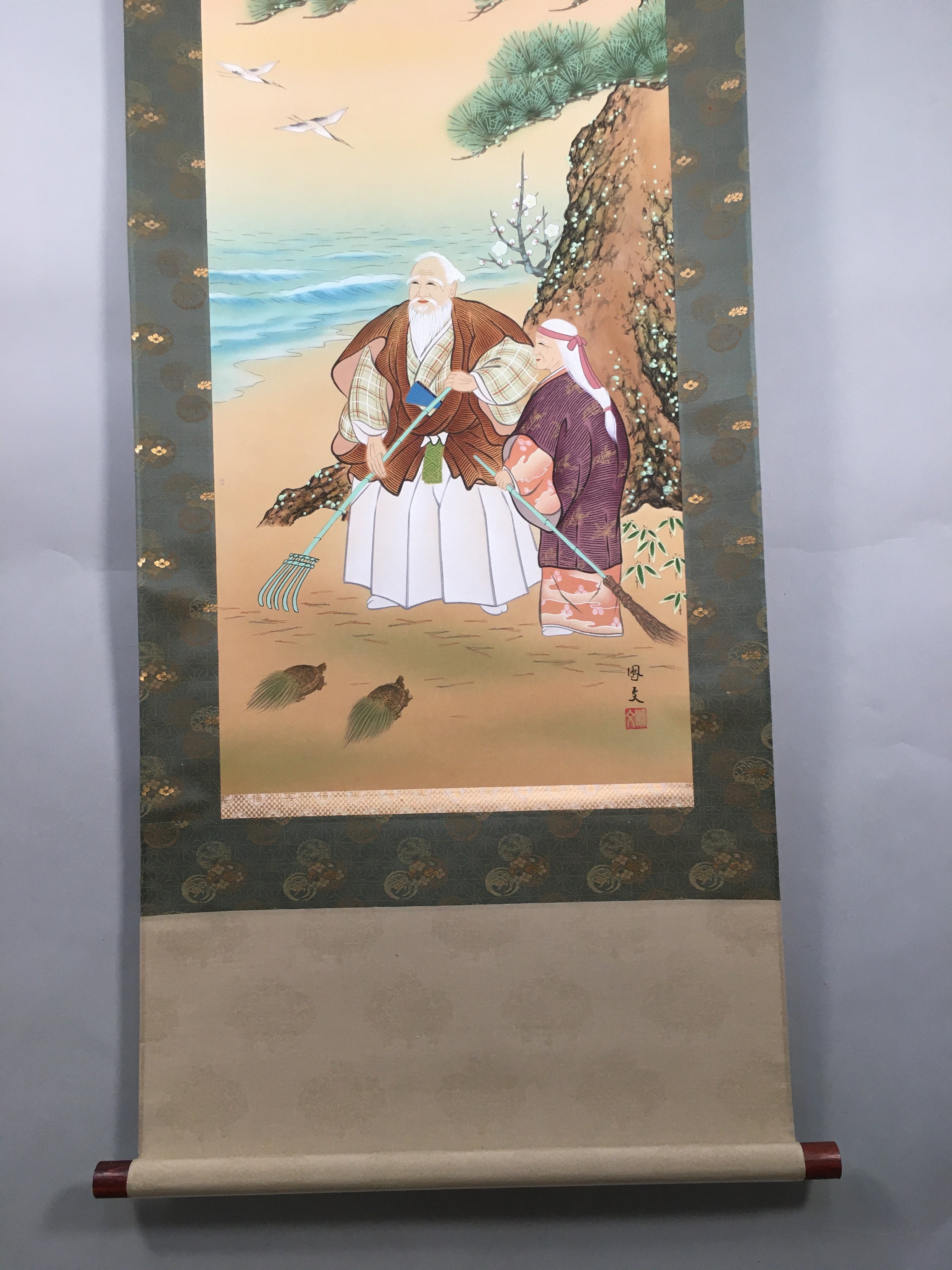 Japanese Hanging Scroll Vtg Kakejiku Kakemono Painting Takasago SC579