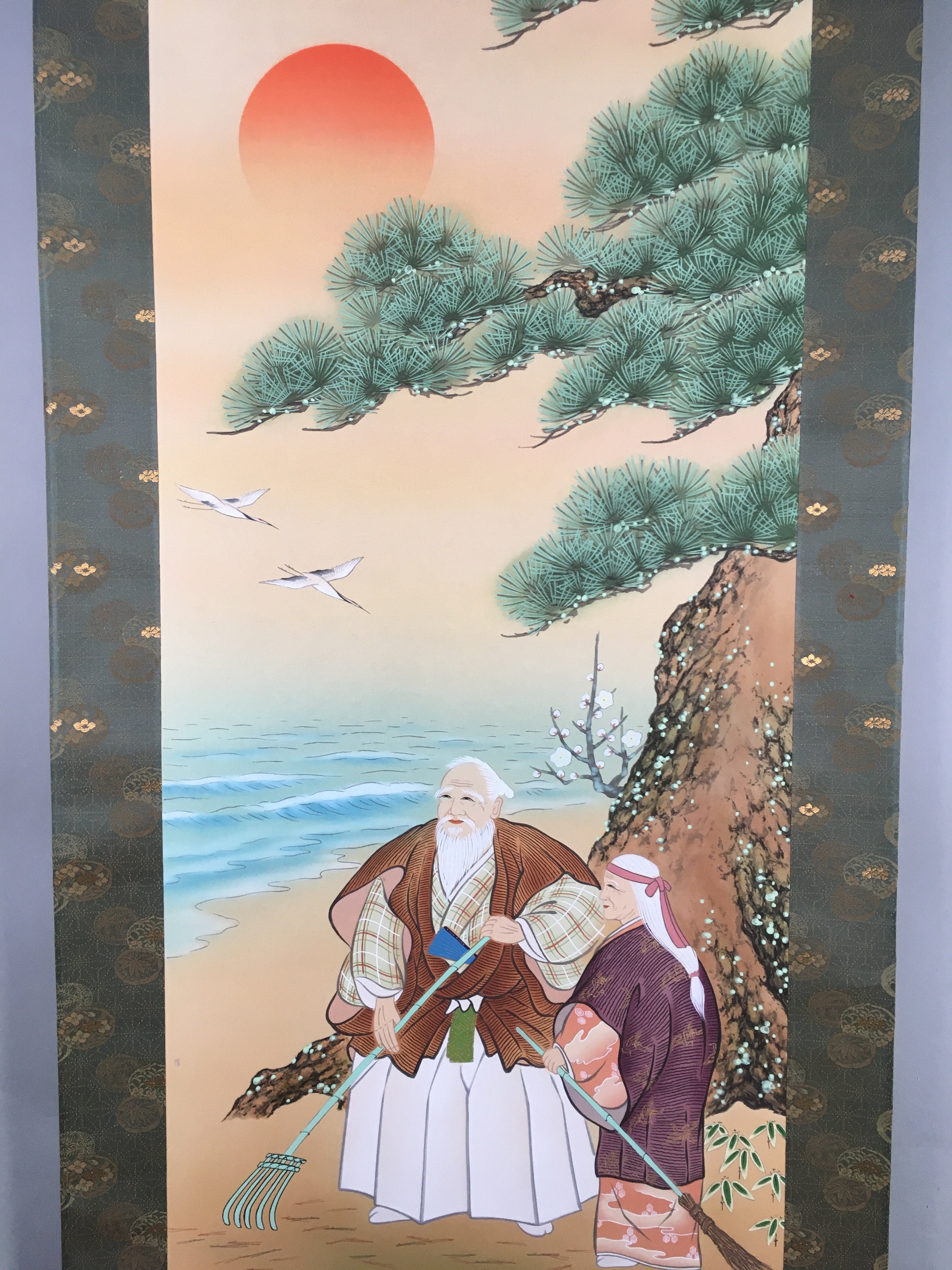 Japanese Hanging Scroll Vtg Kakejiku Kakemono Painting Takasago SC579