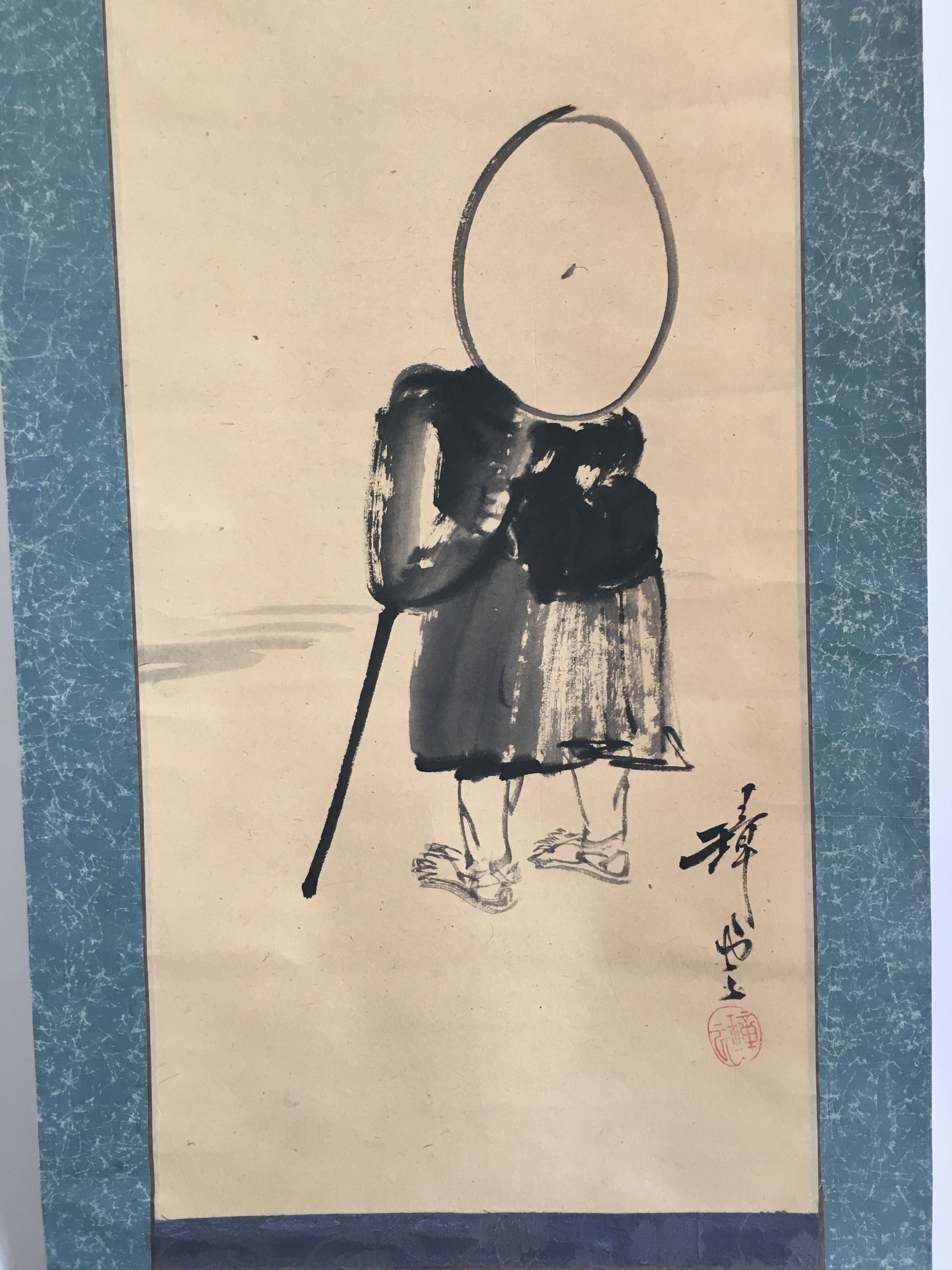 Japanese Hanging Scroll Vtg Kakejiku Kakemono Painting Traveler Mt.Fuji SC684
