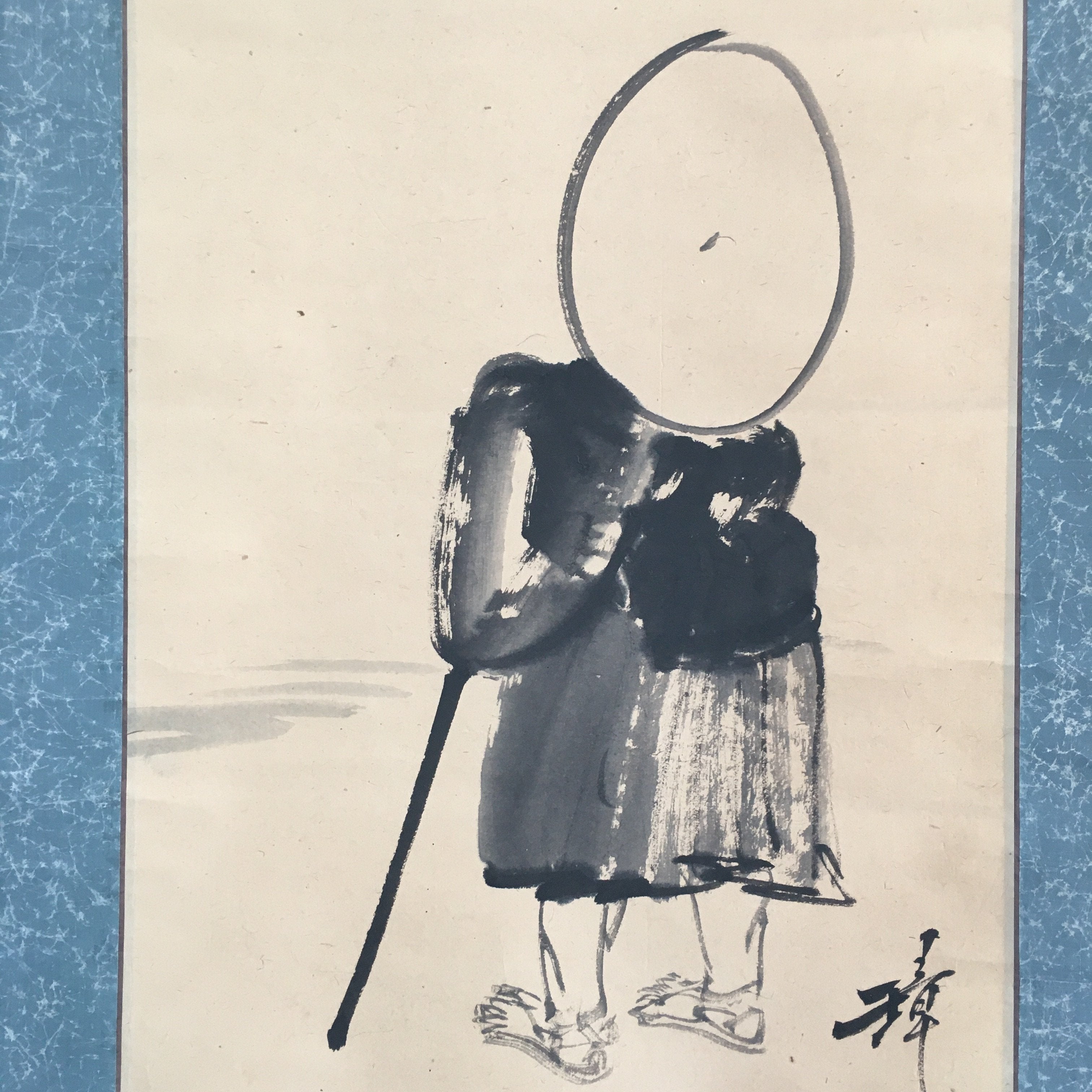 Japanese Hanging Scroll Vtg Kakejiku Kakemono Painting Traveler Mt.Fuji SC684