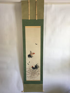 Japanese Hanging Scroll Vtg Kakejiku Kakemono Painting Two Chickens SC641