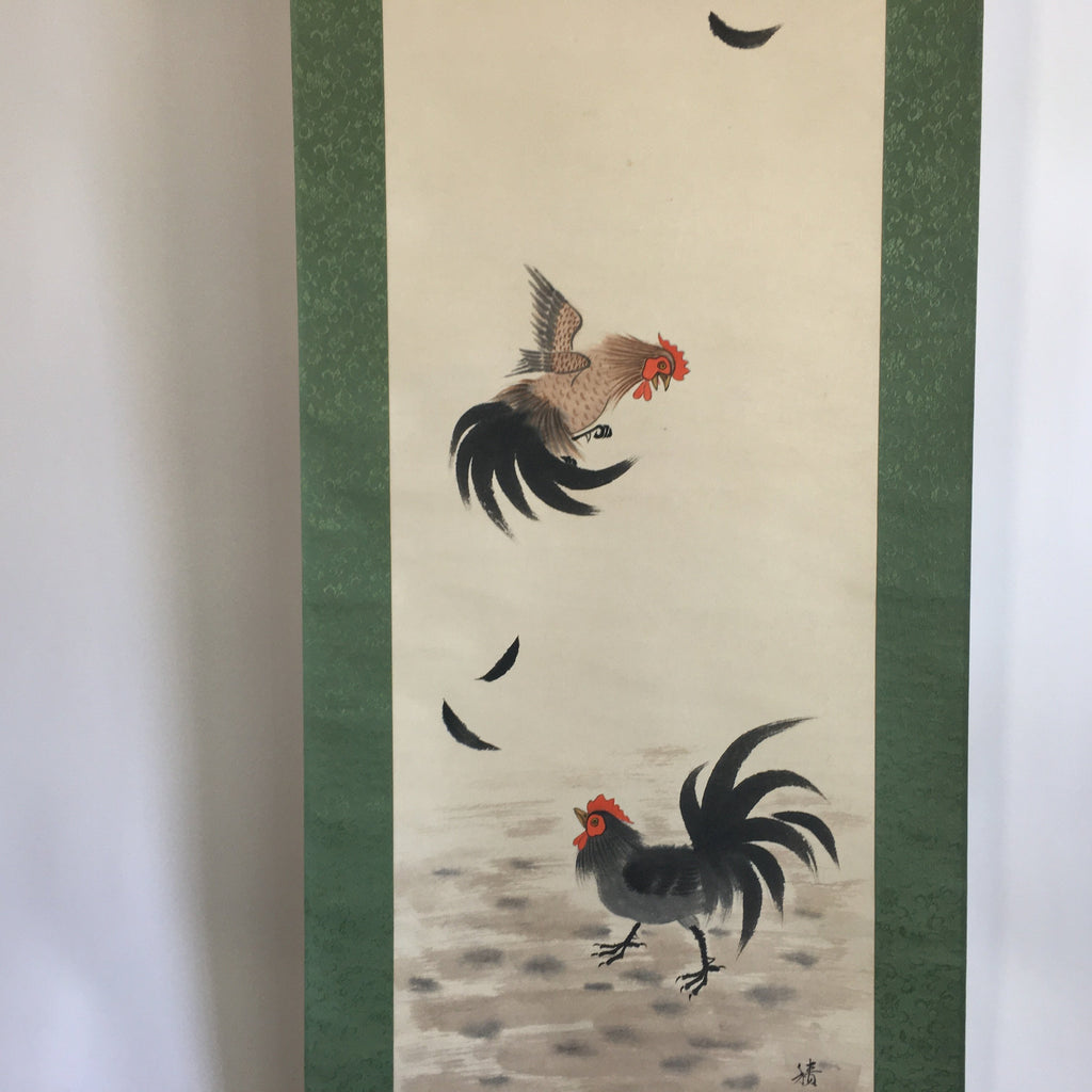 Japanese Hanging Scroll Vtg Kakejiku Kakemono Painting Two Chickens SC641