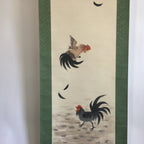 Japanese Hanging Scroll Vtg Kakejiku Kakemono Painting Two Chickens SC641