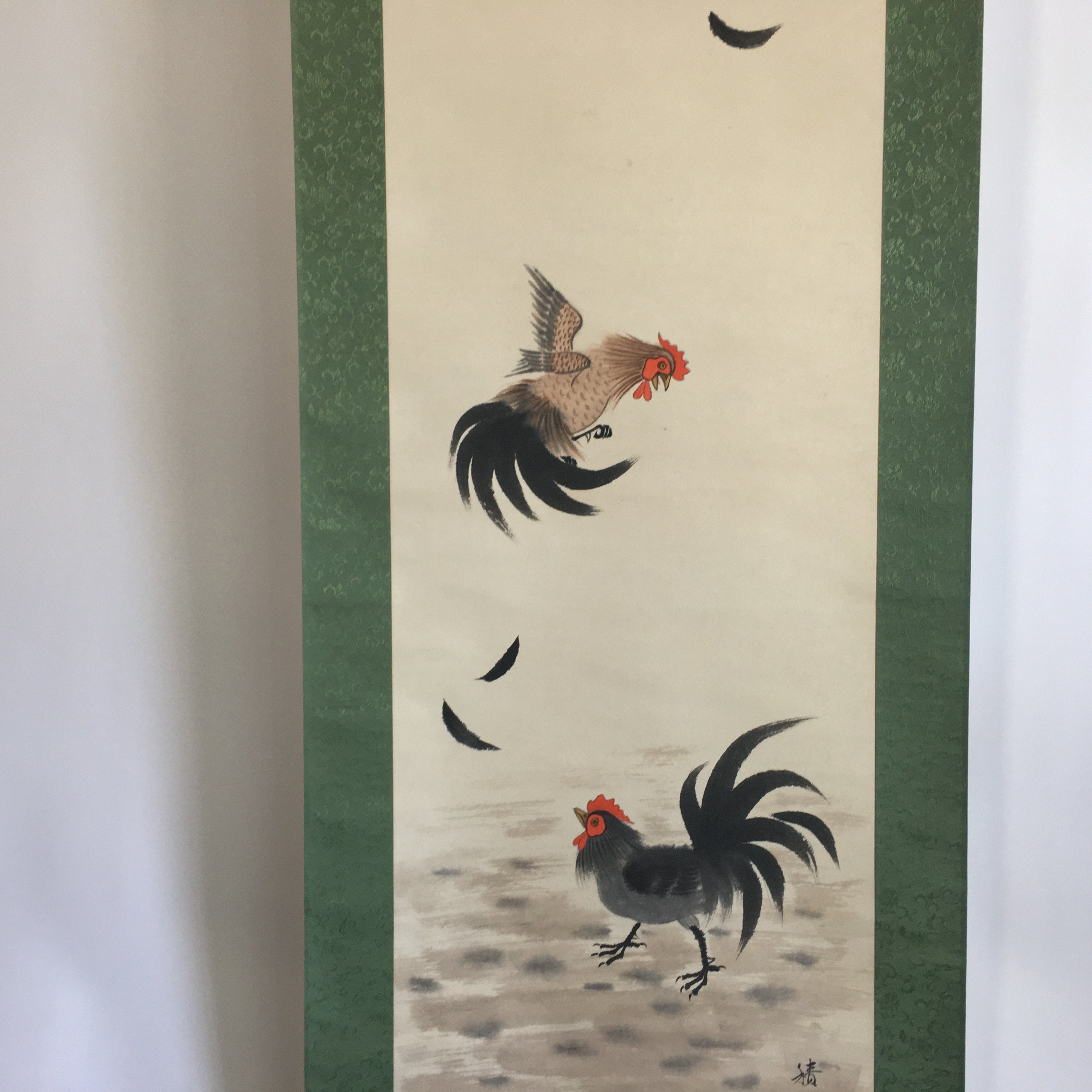 Japanese Hanging Scroll Vtg Kakejiku Kakemono Painting Two Chickens SC641