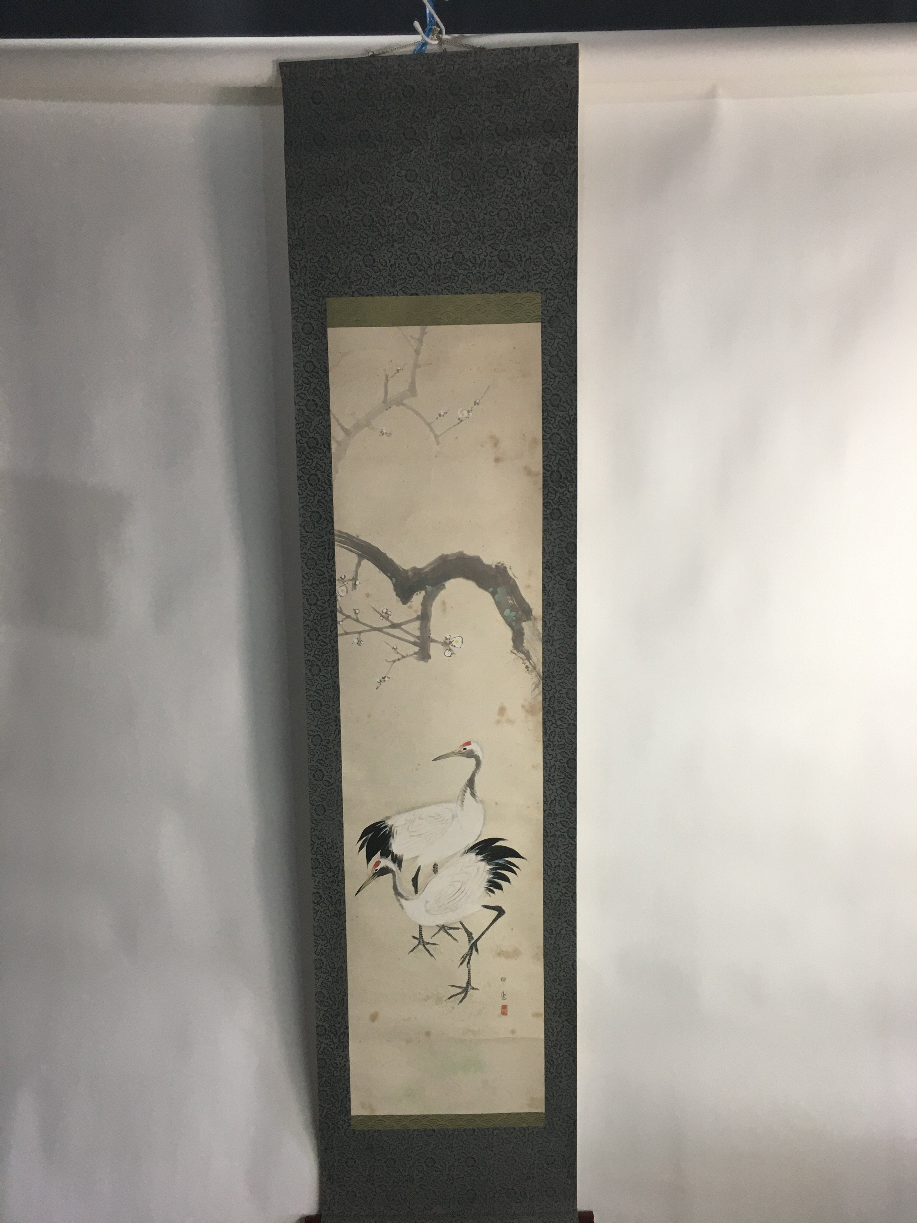 Japanese Hanging Scroll Vtg Kakejiku Kakemono Painting Two Cranes Baiitsu SC652