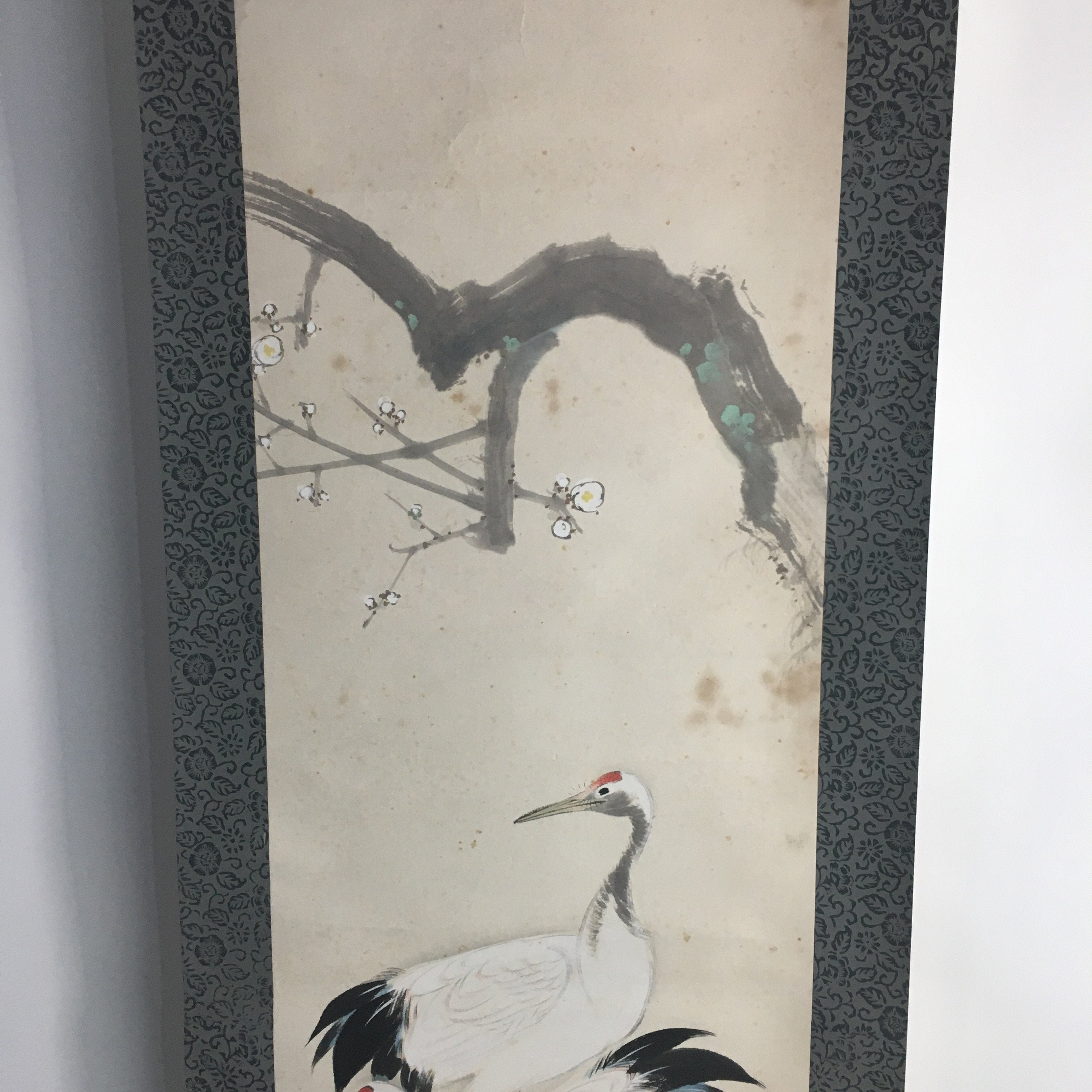 Japanese Hanging Scroll Vtg Kakejiku Kakemono Painting Two Cranes Baiitsu SC652
