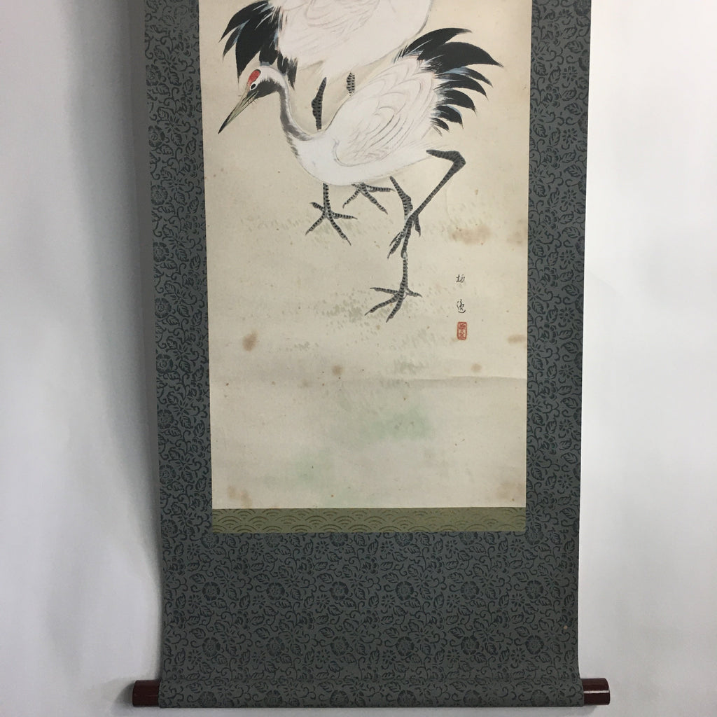 Japanese Hanging Scroll Vtg Kakejiku Kakemono Painting Two Cranes Baiitsu SC652