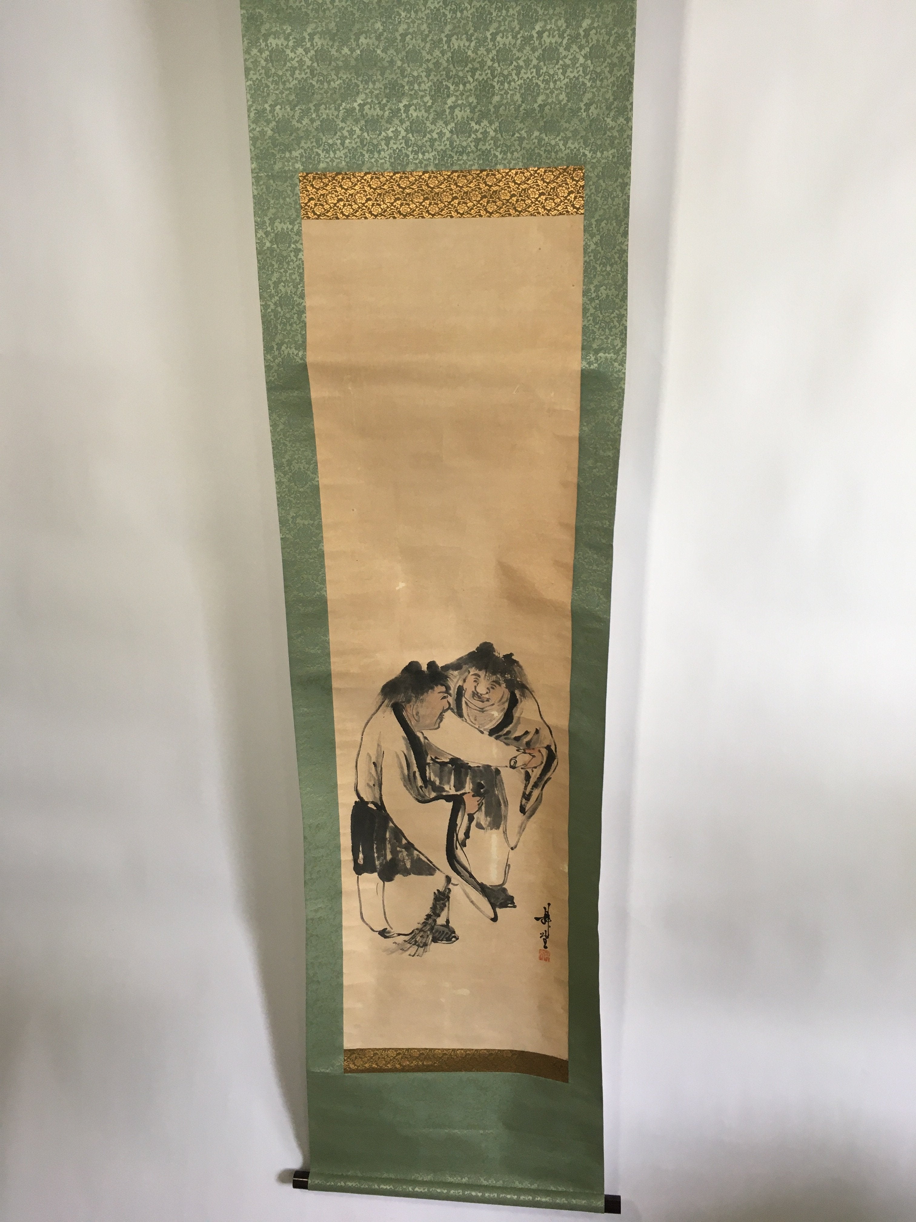 Japanese Hanging Scroll Vtg Kakejiku Kakemono Painting Two Men Letter SC670