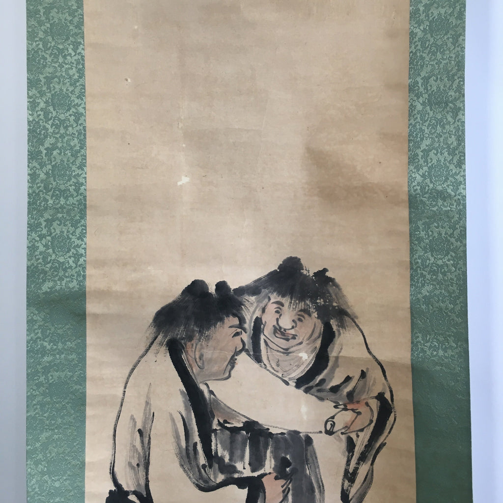 Japanese Hanging Scroll Vtg Kakejiku Kakemono Painting Two Men Letter SC670