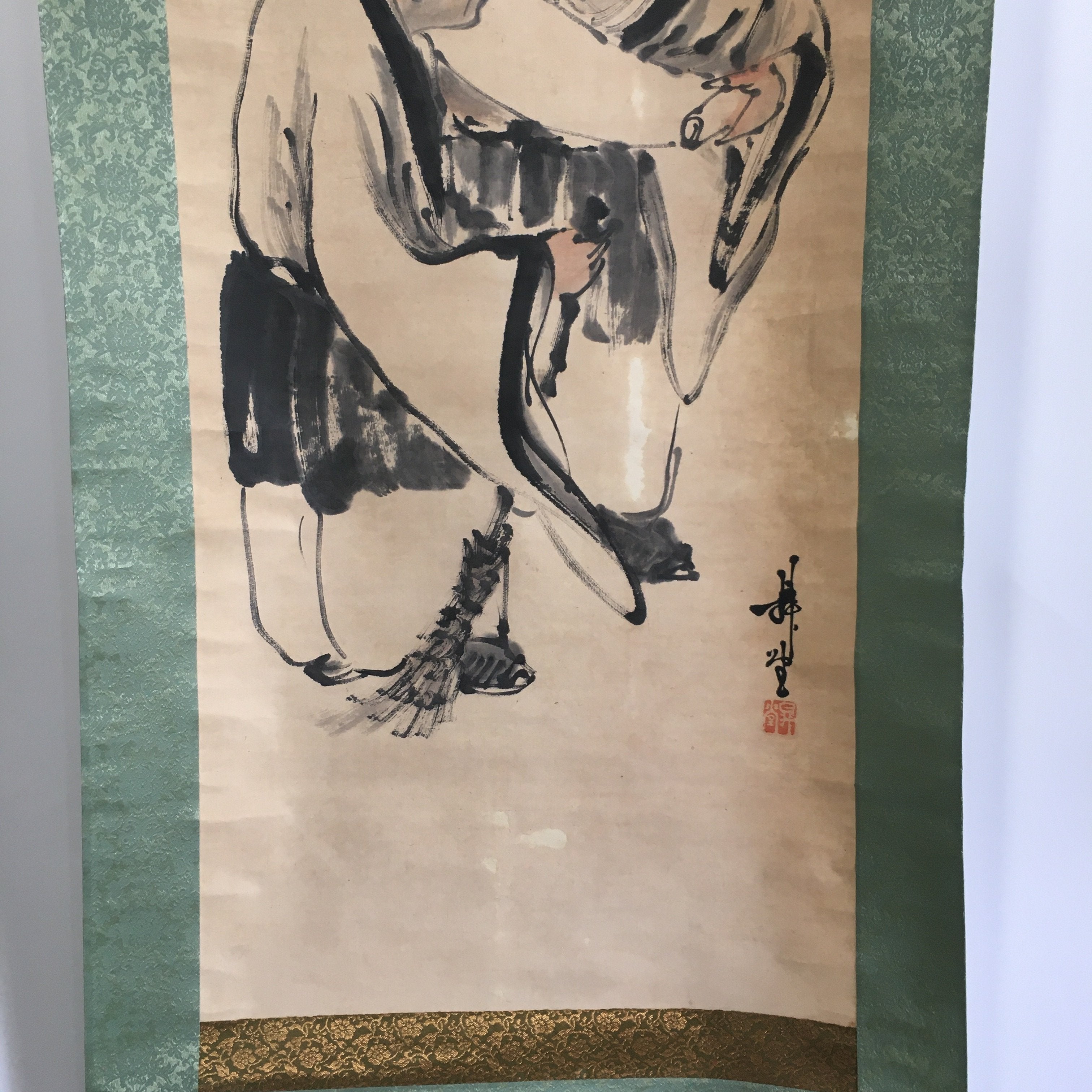 Japanese Hanging Scroll Vtg Kakejiku Kakemono Painting Two Men Letter SC670