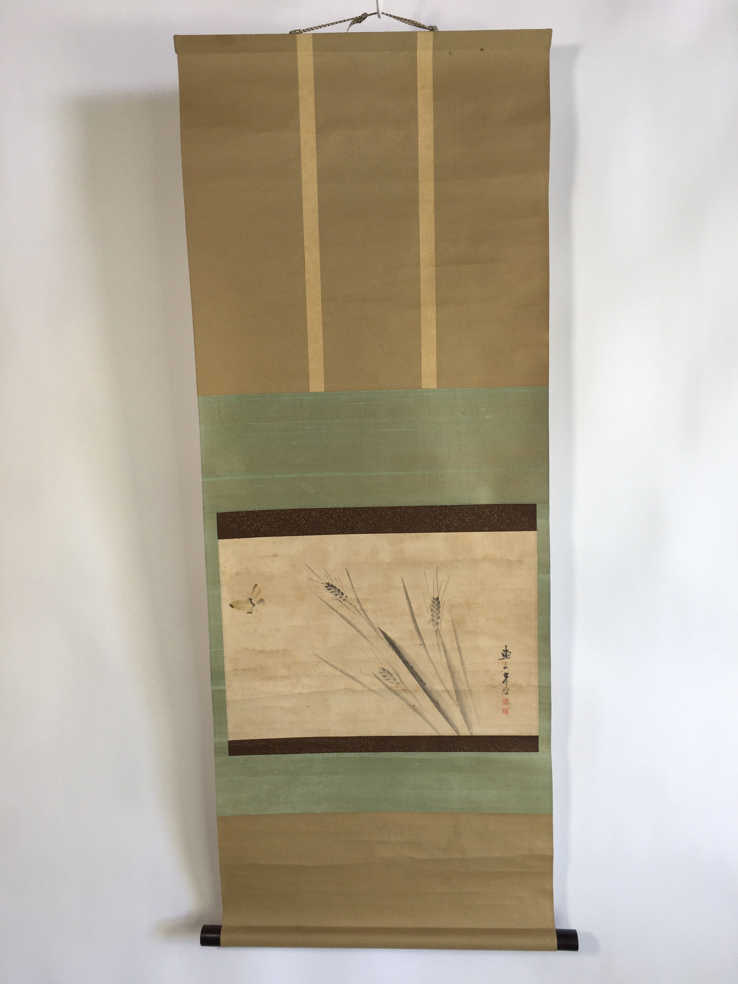 Japanese Hanging Scroll Vtg Kakejiku Kakemono Painting Wheat Butterfly SC634