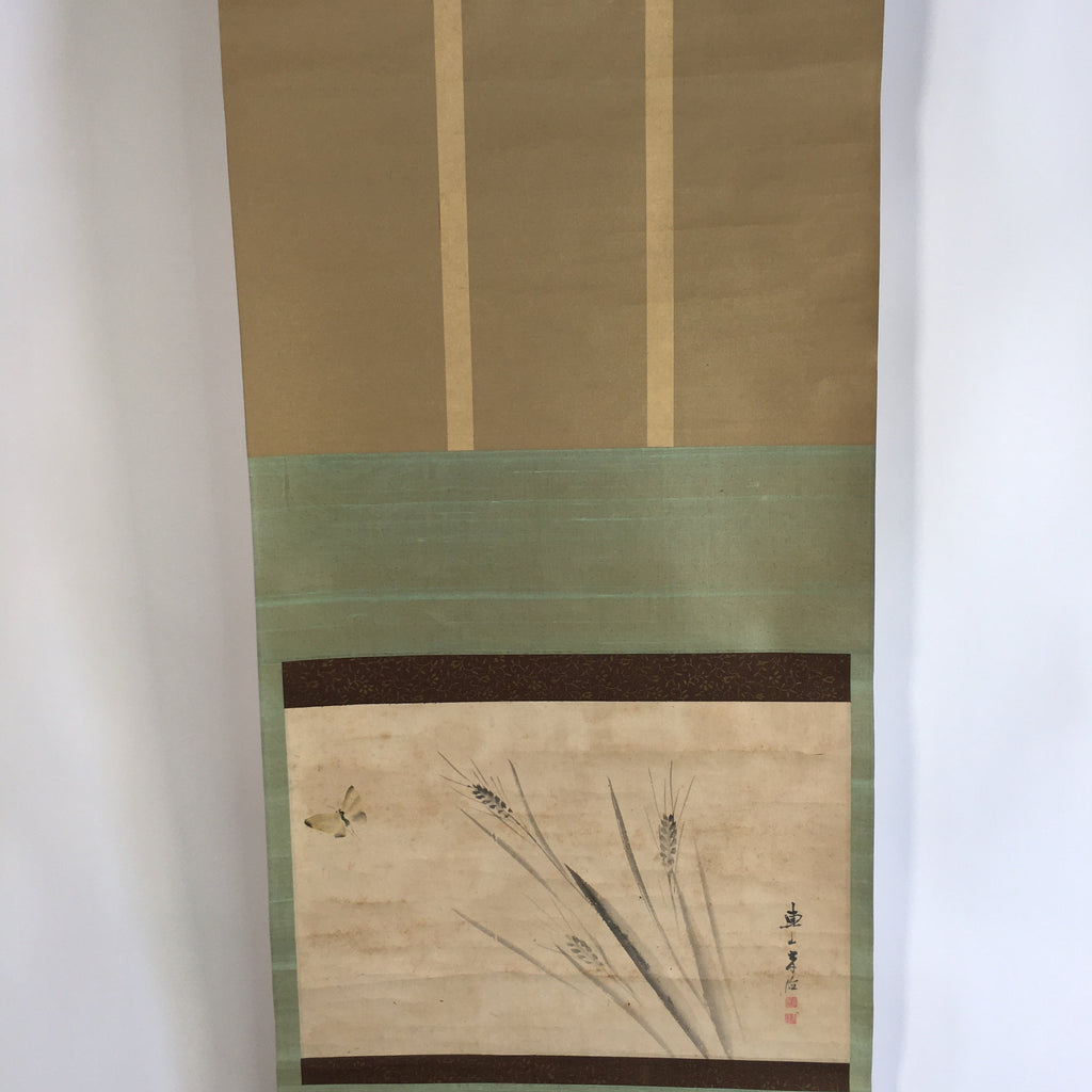 Japanese Hanging Scroll Vtg Kakejiku Kakemono Painting Wheat Butterfly SC634