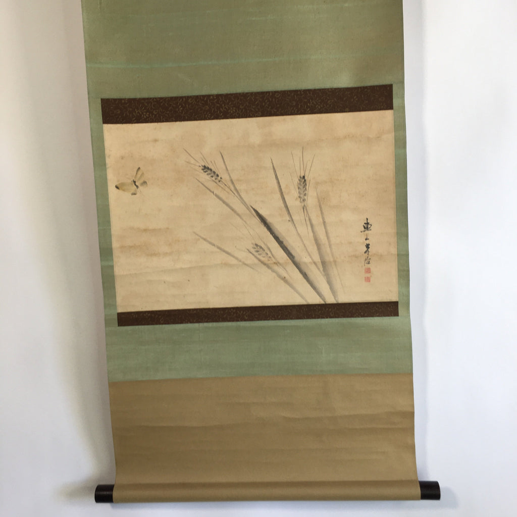 Japanese Hanging Scroll Vtg Kakejiku Kakemono Painting Wheat Butterfly SC634
