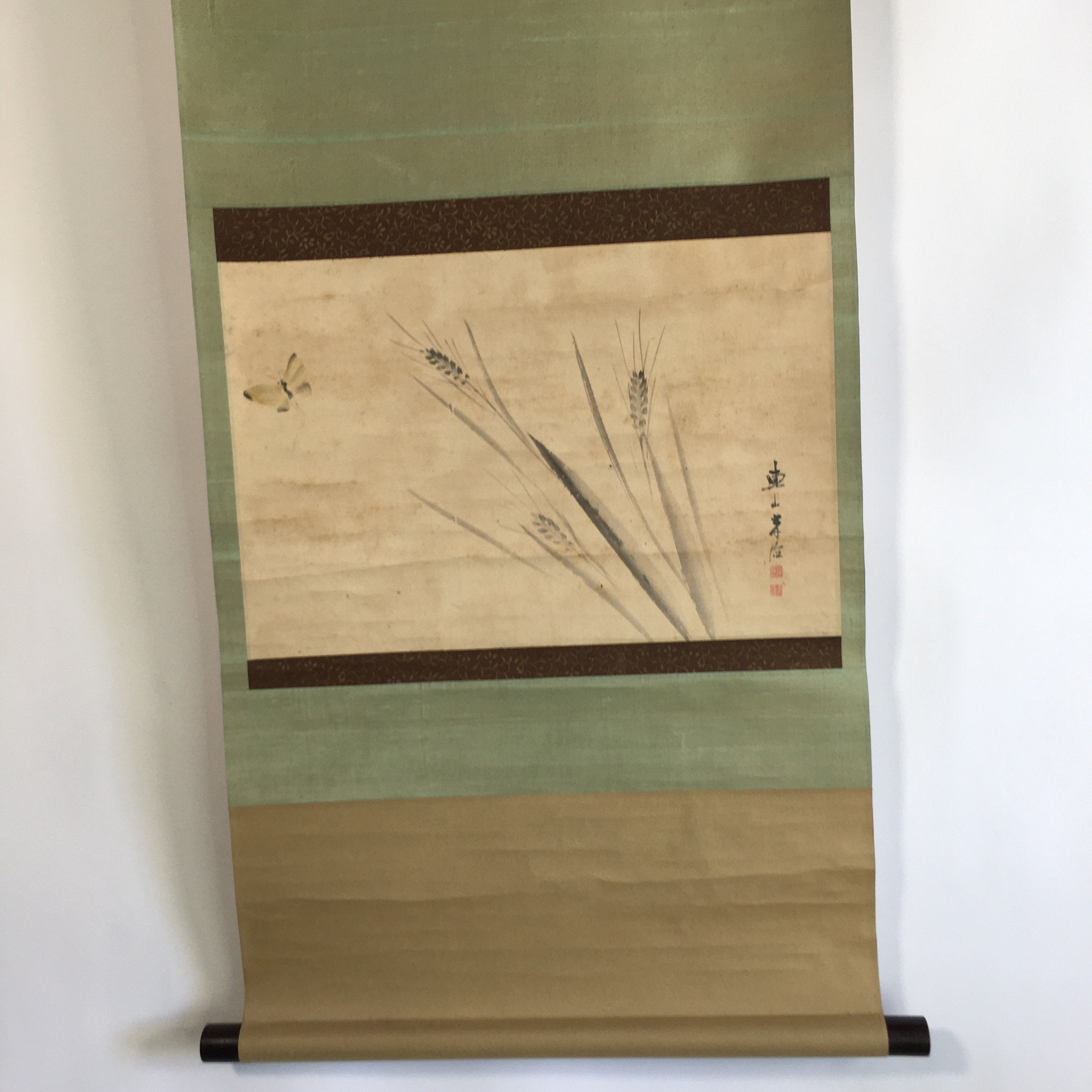 Japanese Hanging Scroll Vtg Kakejiku Kakemono Painting Wheat Butterfly SC634