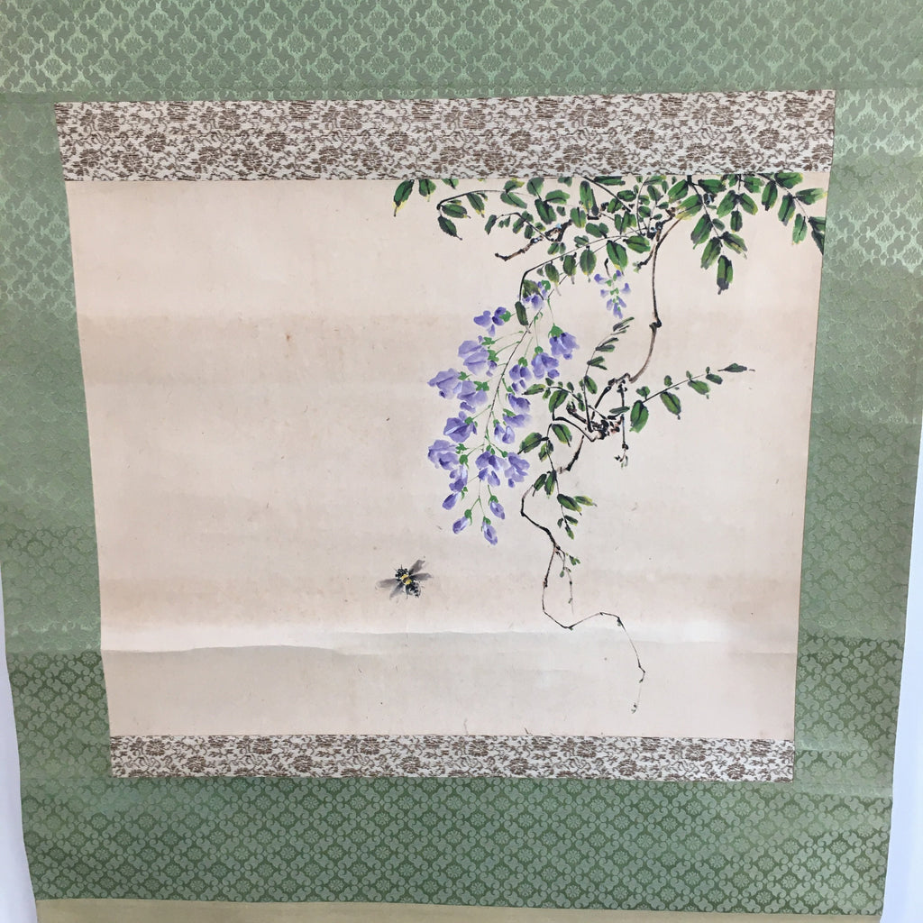 Japanese Hanging Scroll Vtg Kakejiku Kakemono Painting Wisteria Flowers SC626