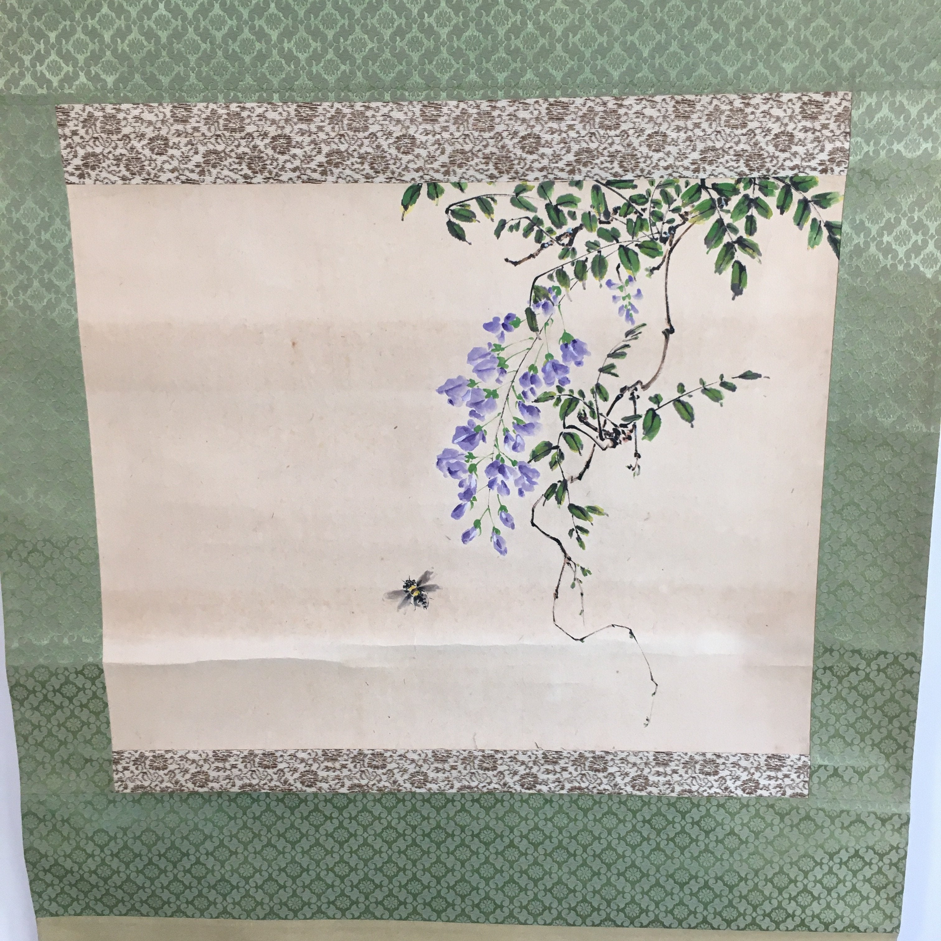 Japanese Hanging Scroll Vtg Kakejiku Kakemono Painting Wisteria Flowers SC626