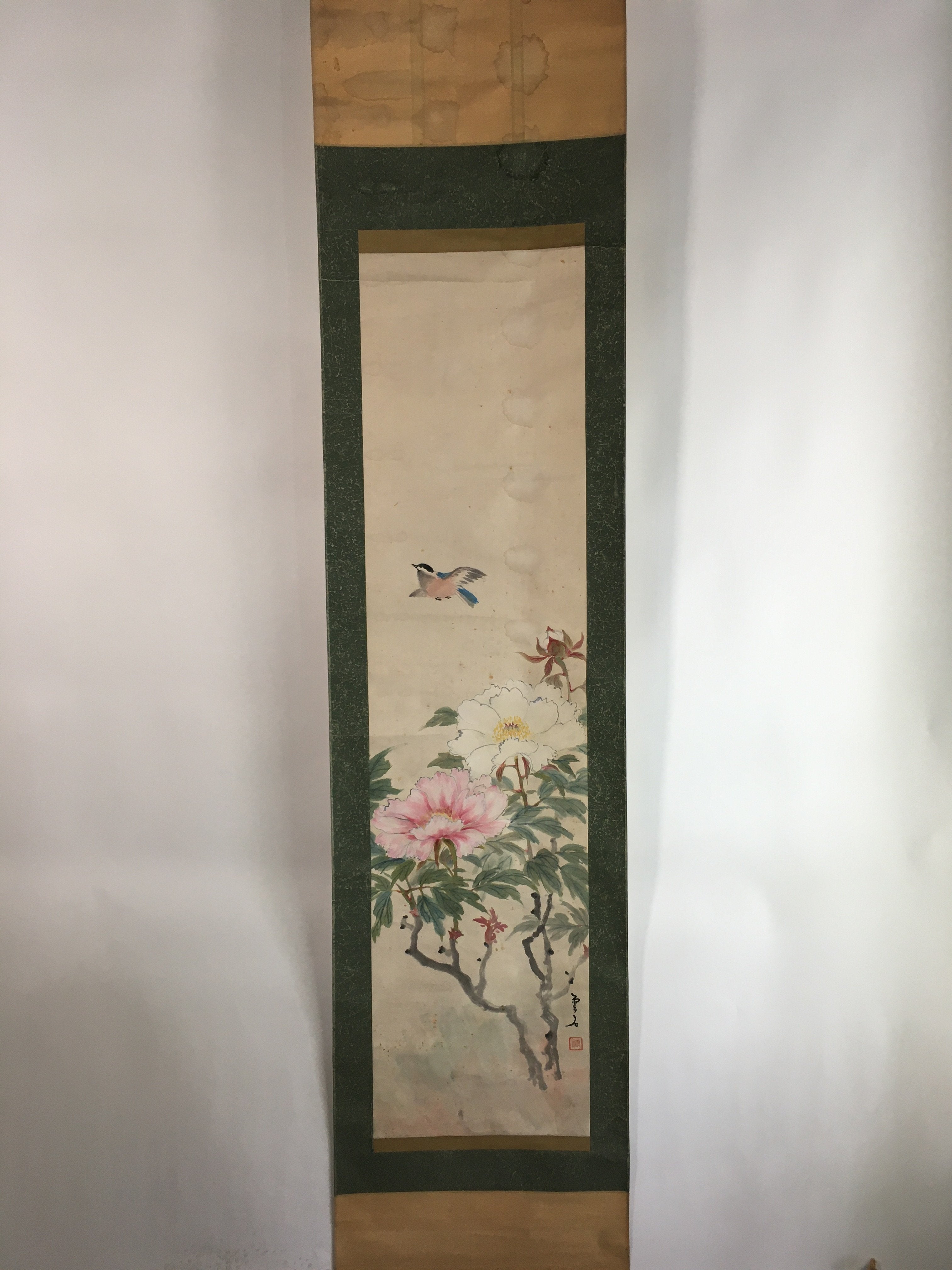 Japanese Hanging Scroll Vtg Kakejiku Kakemono Peony Flower Sparrow SC679