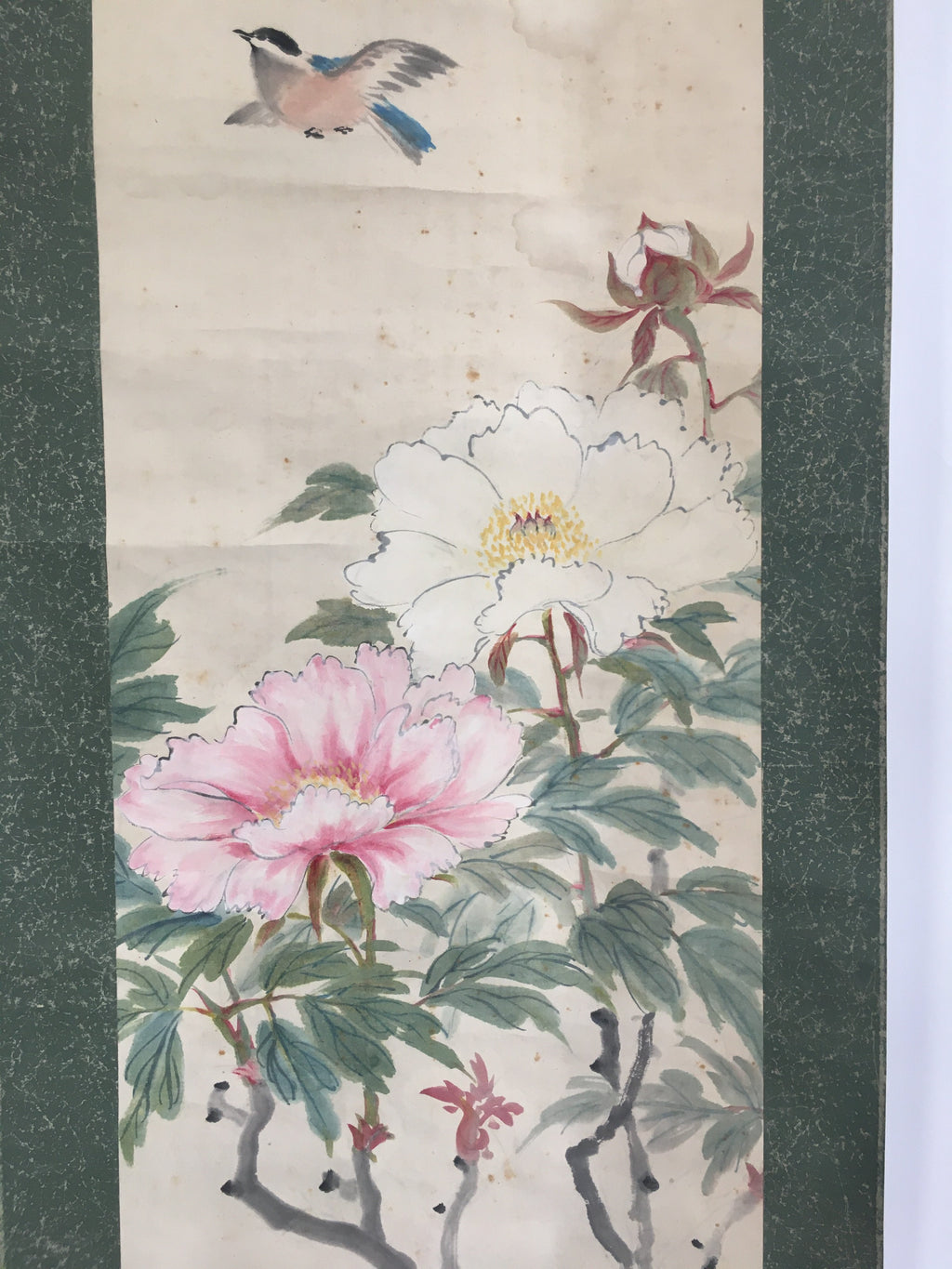 Japanese Hanging Scroll Vtg Kakejiku Kakemono Peony Flower Sparrow SC679