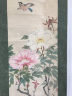 Japanese Hanging Scroll Vtg Kakejiku Kakemono Peony Flower Sparrow SC679