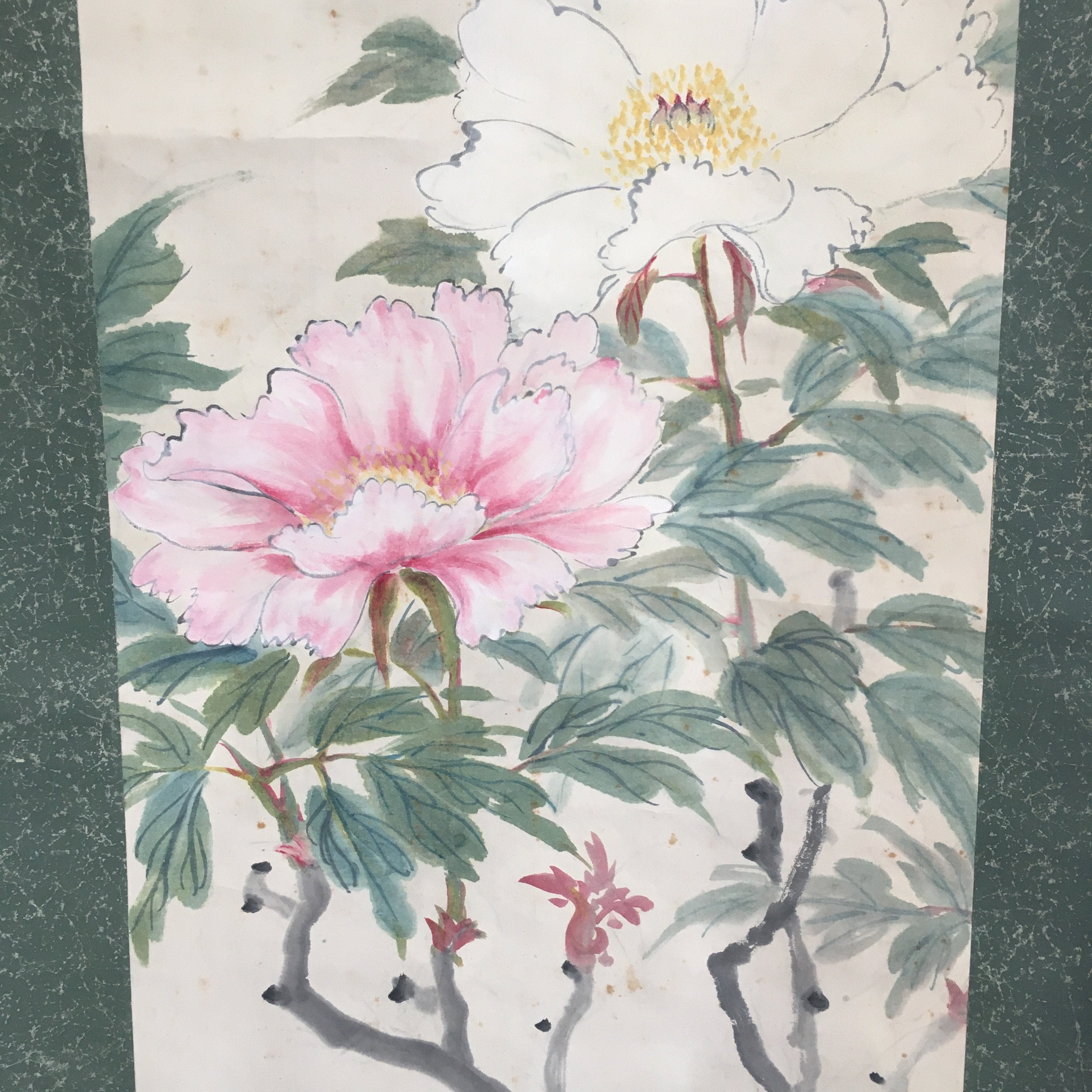 Japanese Hanging Scroll Vtg Kakejiku Kakemono Peony Flower Sparrow SC679