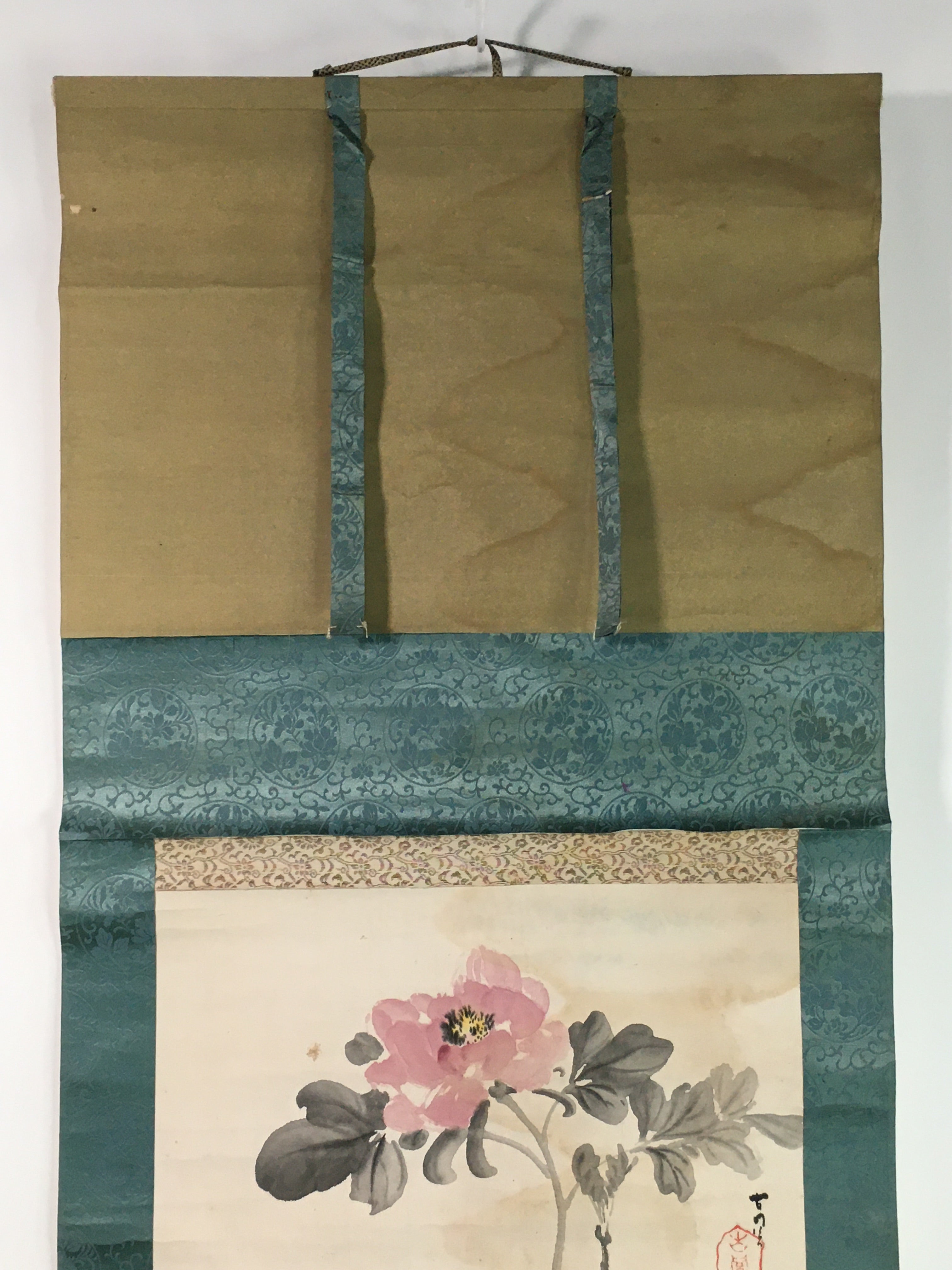 Japanese Hanging Scroll Vtg Kakejiku Kakemono Pink Peony Flower SC746