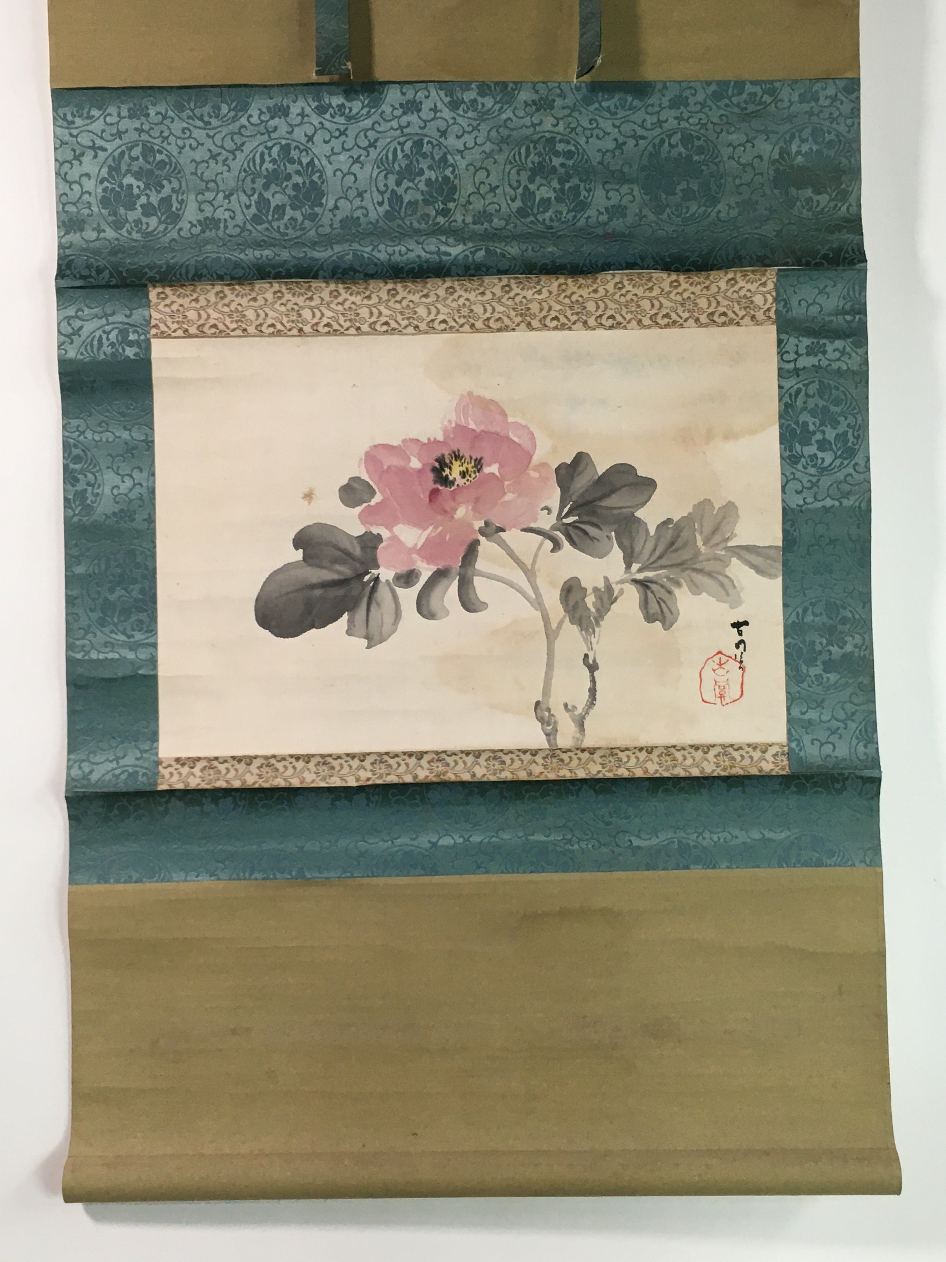 Japanese Hanging Scroll Vtg Kakejiku Kakemono Pink Peony Flower SC746