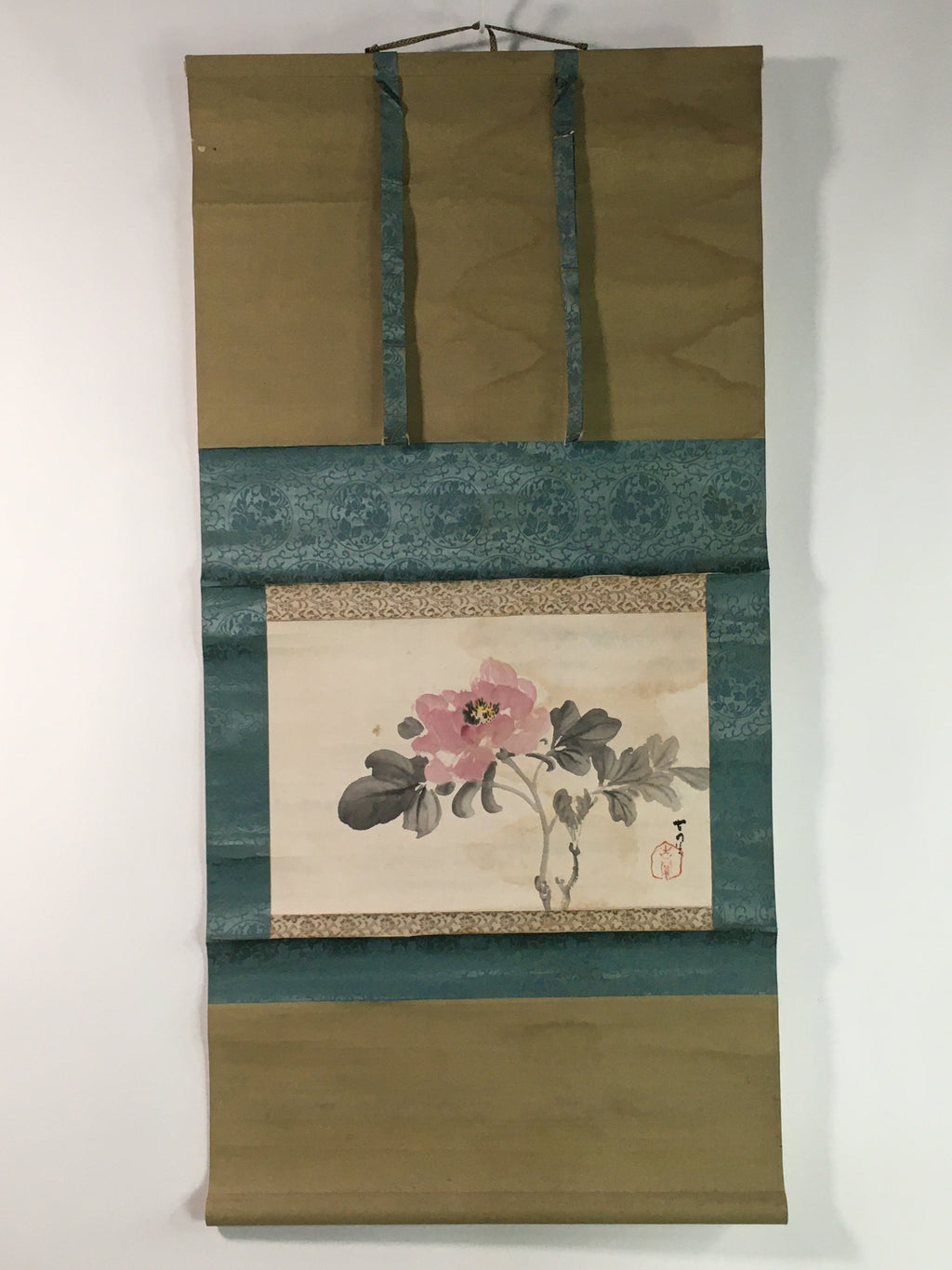 Japanese Hanging Scroll Vtg Kakejiku Kakemono Pink Peony Flower SC746