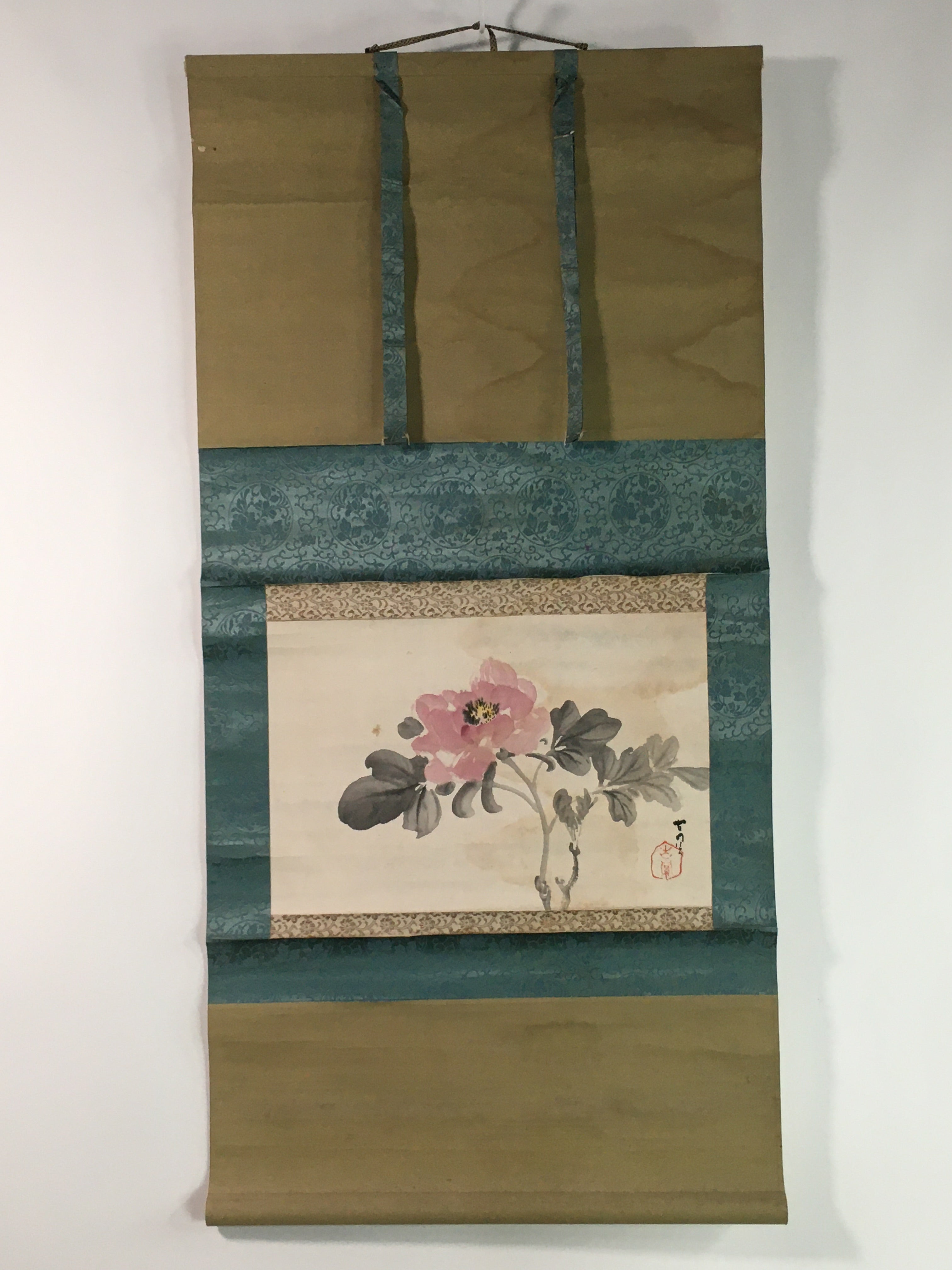Japanese Hanging Scroll Vtg Kakejiku Kakemono Pink Peony Flower SC746
