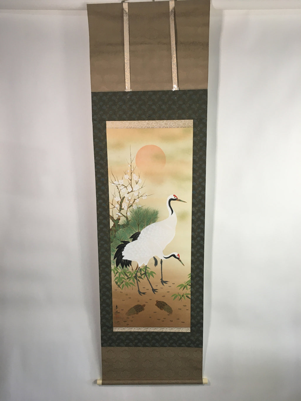 Japanese Hanging Scroll Vtg Kakejiku Kakemono Plum Blossom Crane Pine Tree SC650