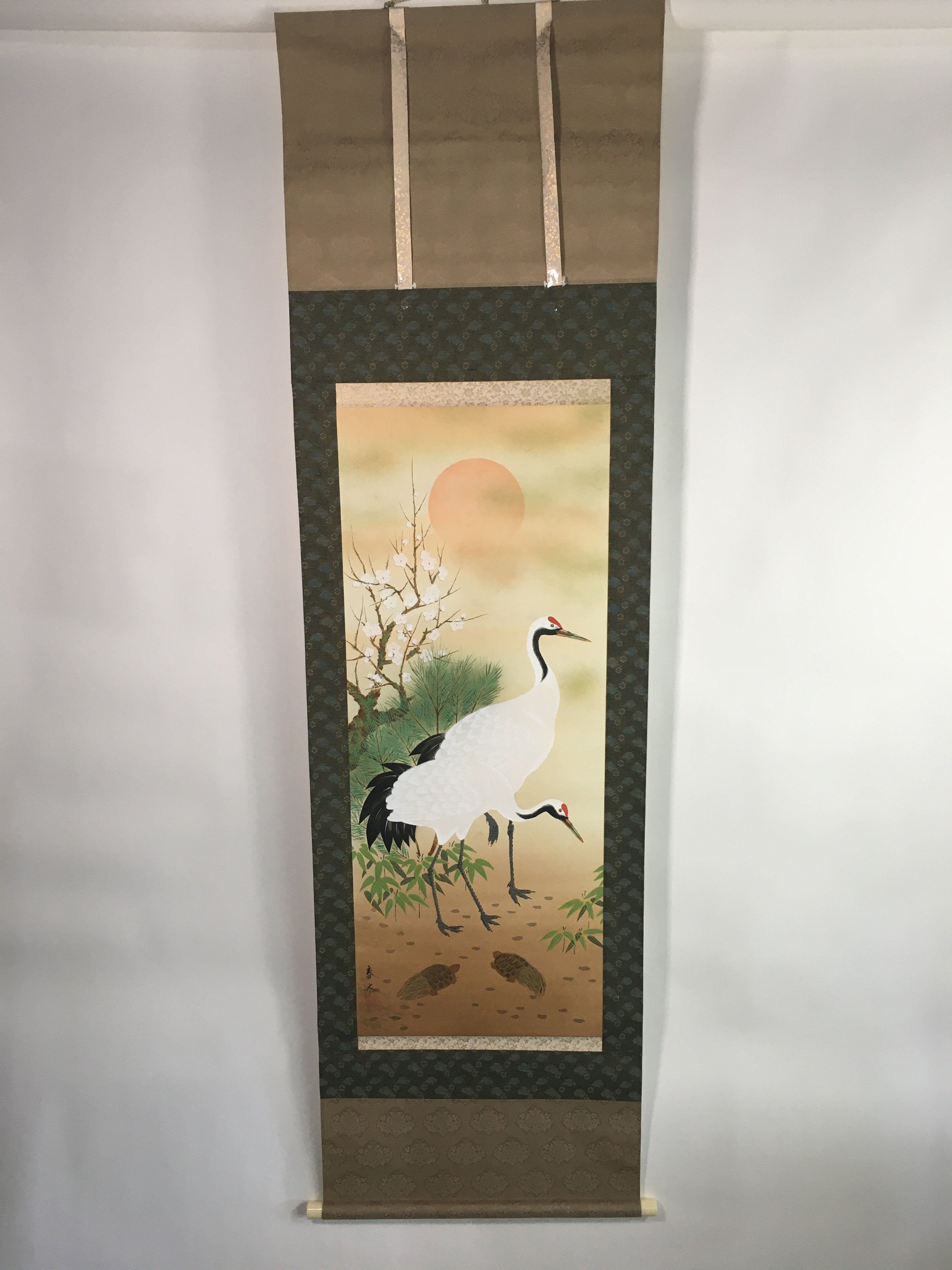 Japanese Hanging Scroll Vtg Kakejiku Kakemono Plum Blossom Crane Pine Tree SC650