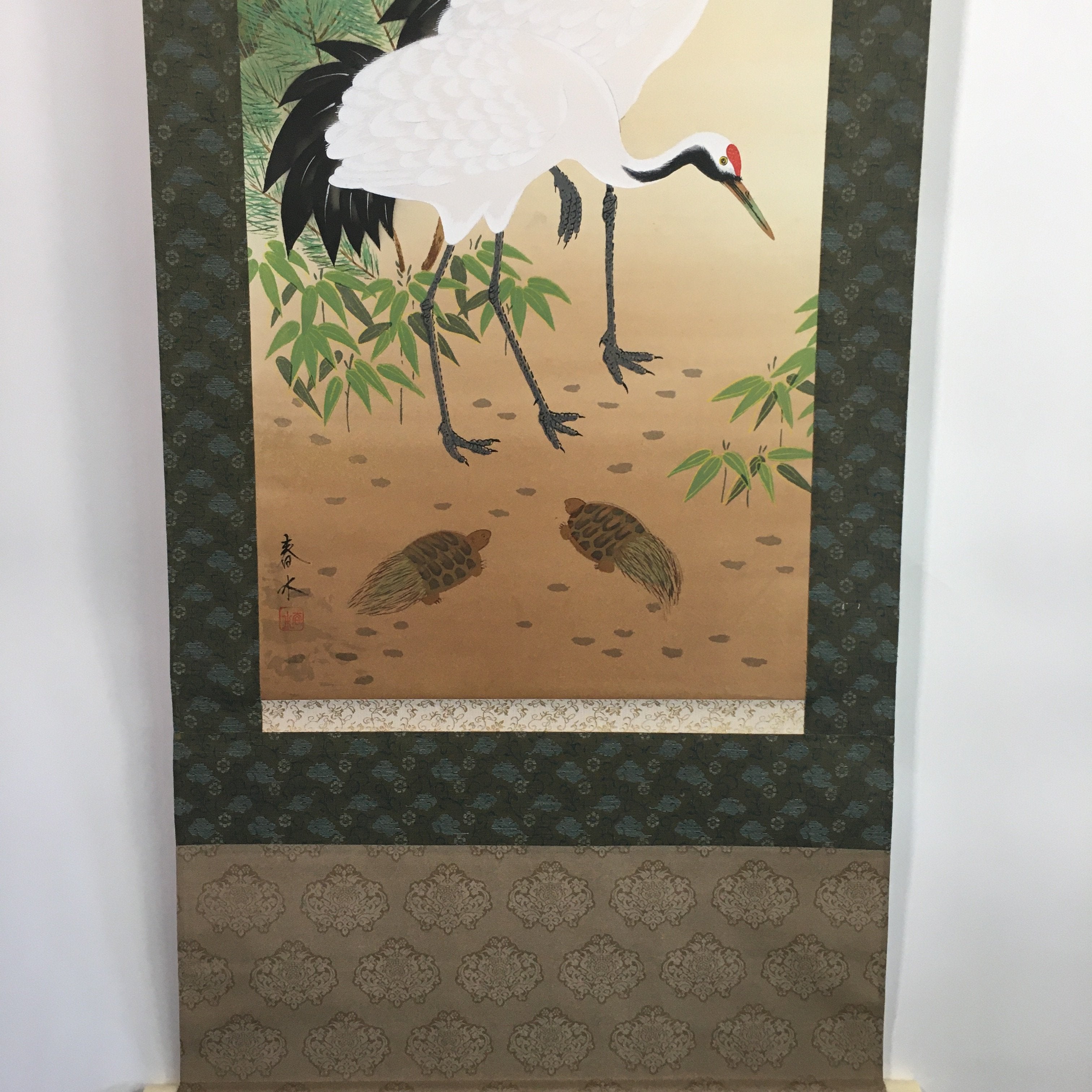 Japanese Hanging Scroll Vtg Kakejiku Kakemono Plum Blossom Crane Pine Tree SC650