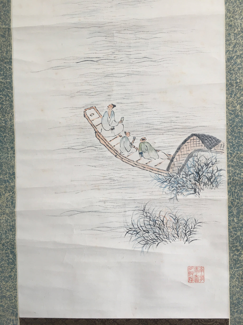 Japanese Hanging Scroll Vtg Kakejiku Kakemono Poetry Men On The Boat SC682