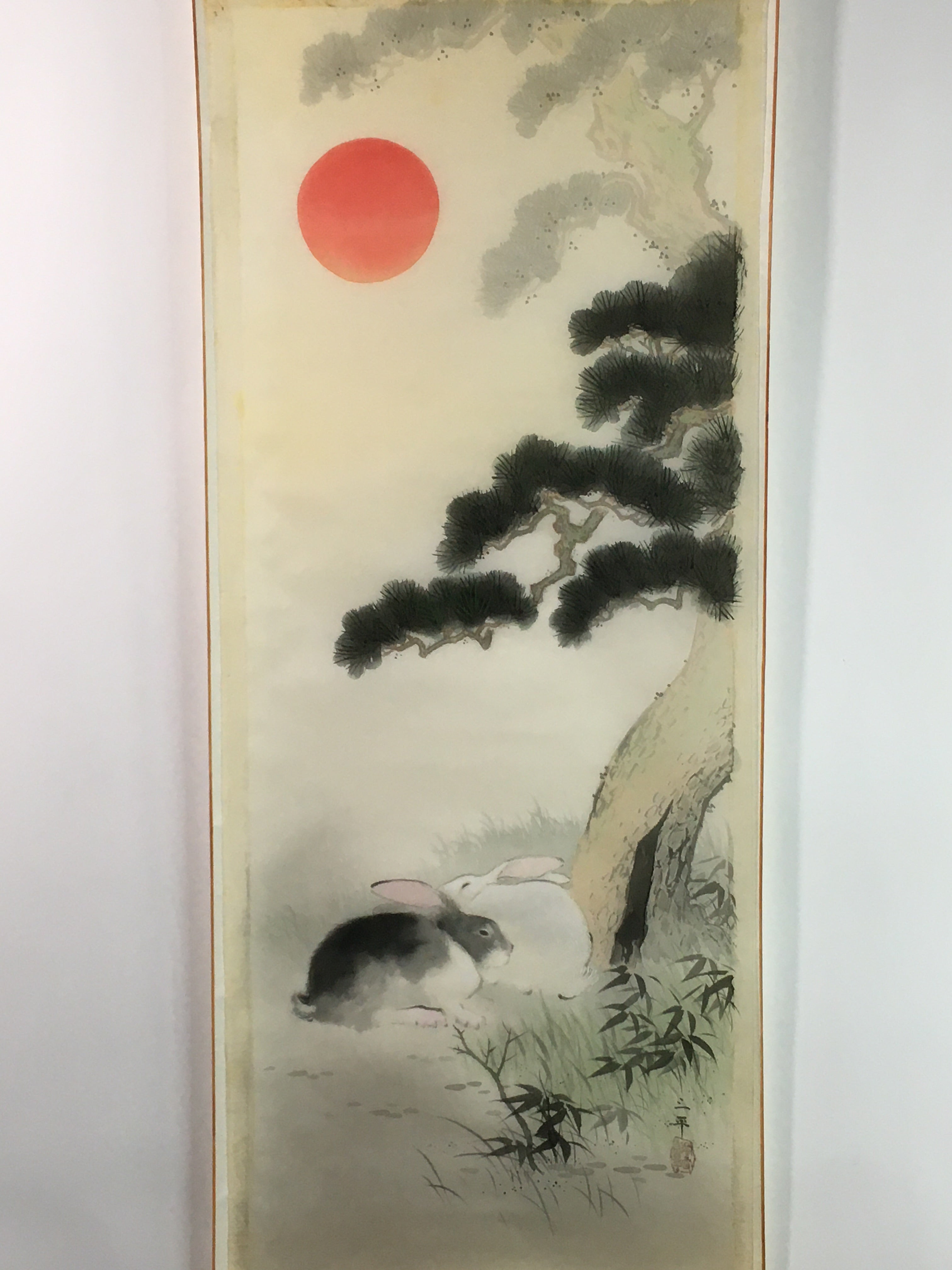 Japanese Hanging Scroll Vtg Kakejiku Kakemono Rabbit Pine Tree Sun SC752