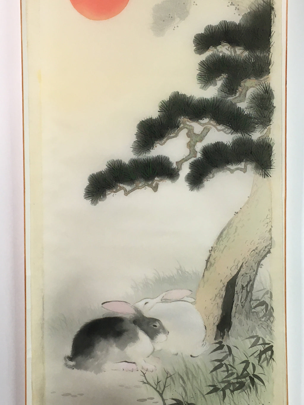 Japanese Hanging Scroll Vtg Kakejiku Kakemono Rabbit Pine Tree Sun SC752
