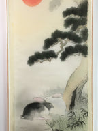 Japanese Hanging Scroll Vtg Kakejiku Kakemono Rabbit Pine Tree Sun SC752
