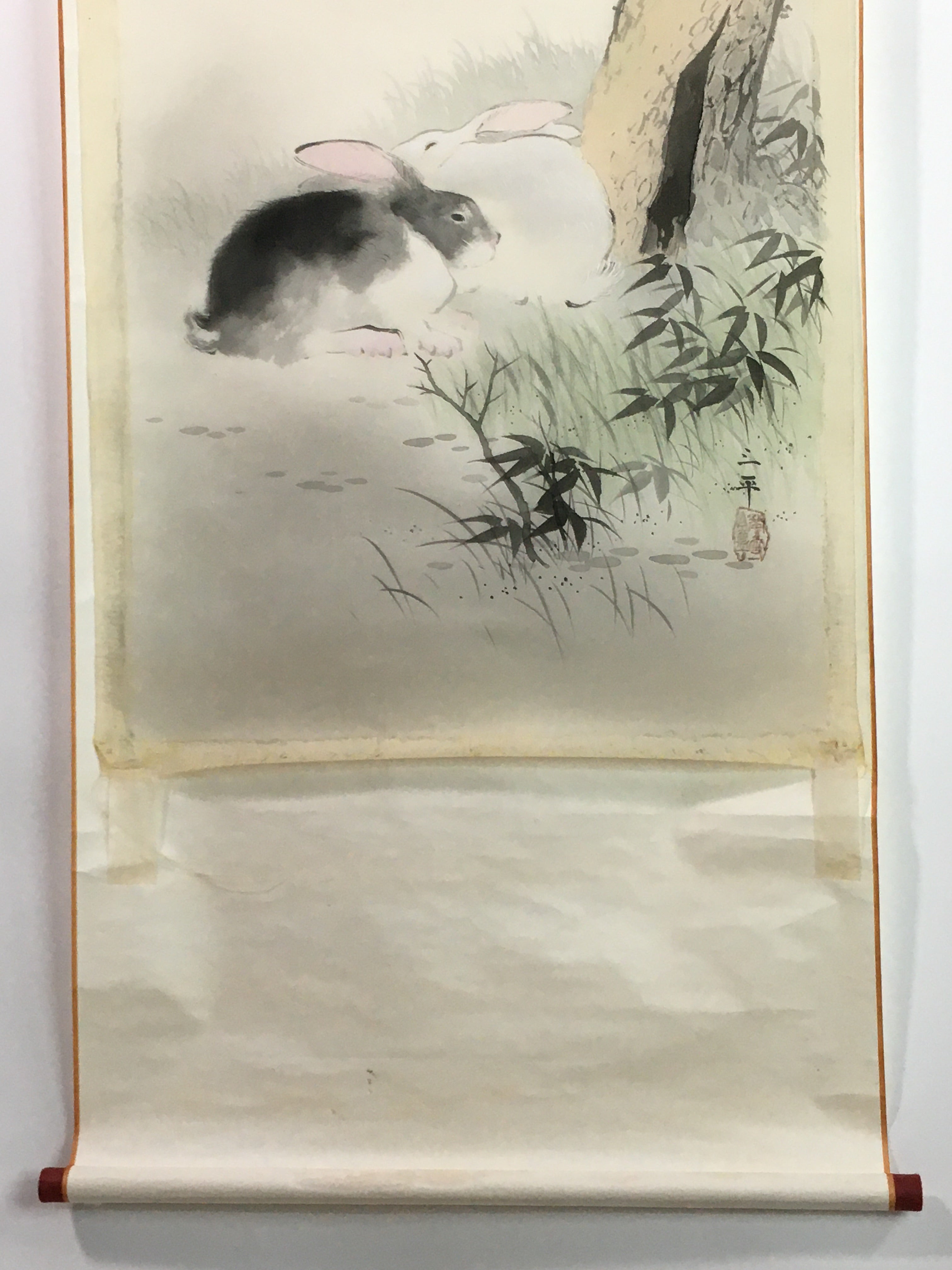 Japanese Hanging Scroll Vtg Kakejiku Kakemono Rabbit Pine Tree Sun SC752