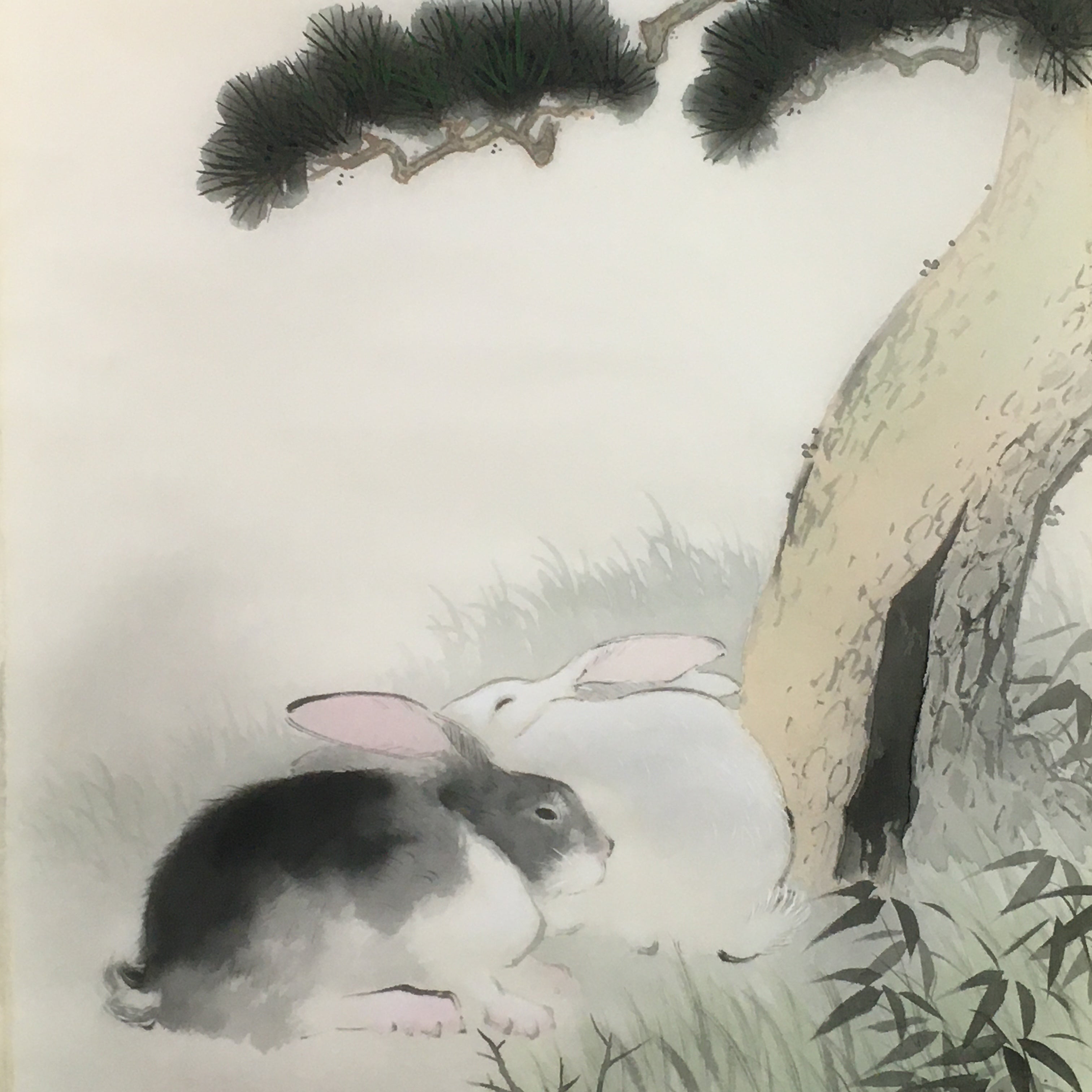 Japanese Hanging Scroll Vtg Kakejiku Kakemono Rabbit Pine Tree Sun SC752