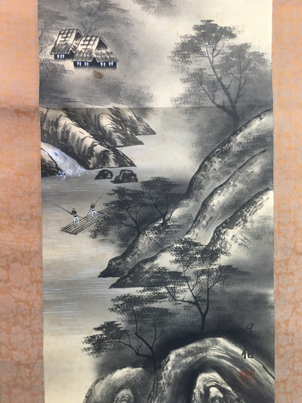 Japanese Hanging Scroll Vtg Kakejiku Kakemono Sansui Mountain River Stream SC710