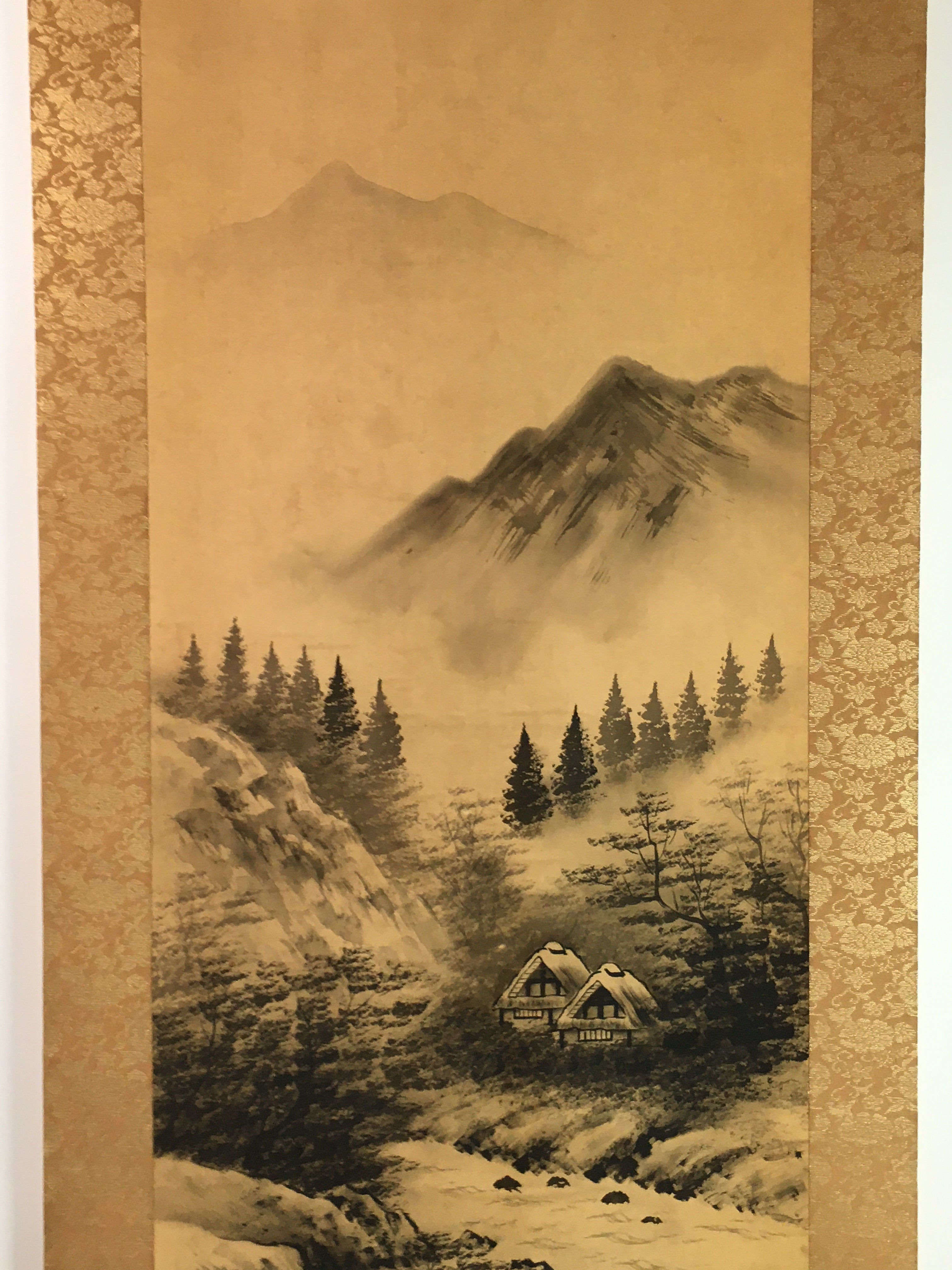 Japanese Hanging Scroll Vtg Kakejiku Kakemono Sansui Mountain Trees Valley SC724