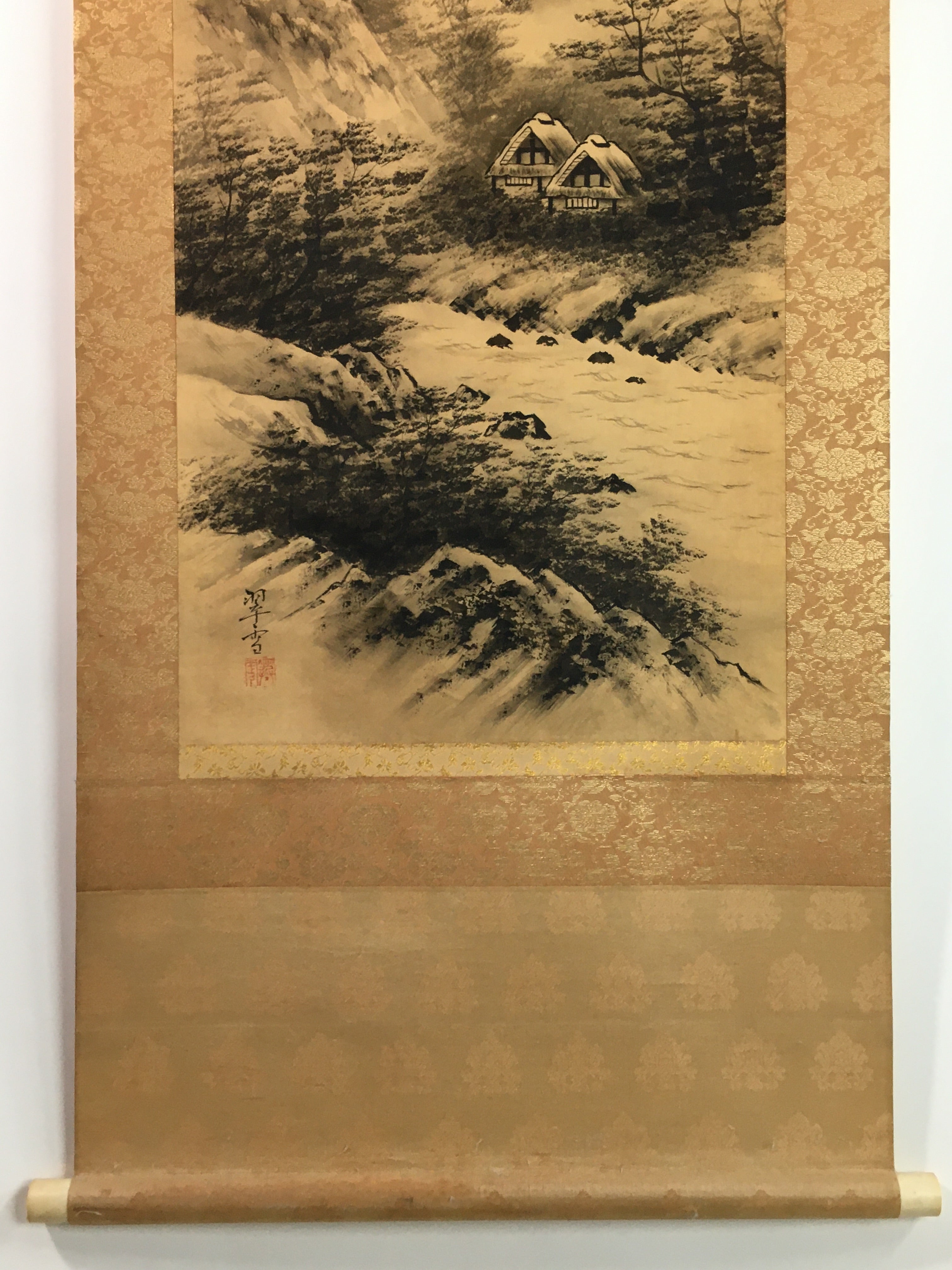 Japanese Hanging Scroll Vtg Kakejiku Kakemono Sansui Mountain Trees Valley SC724