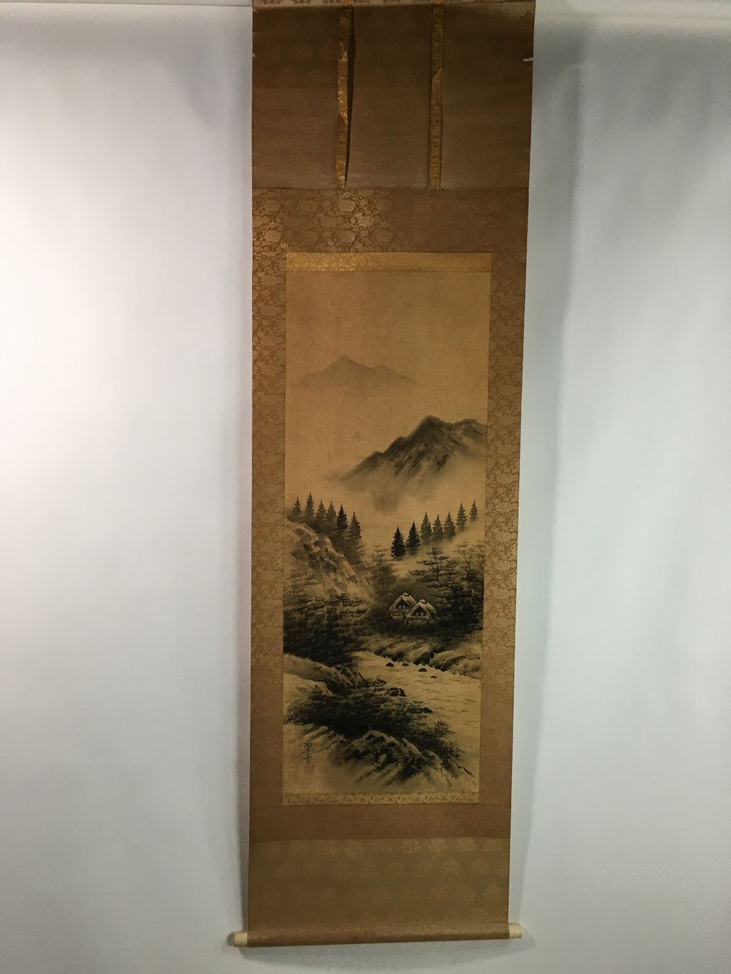 Japanese Hanging Scroll Vtg Kakejiku Kakemono Sansui Mountain Trees Valley SC724