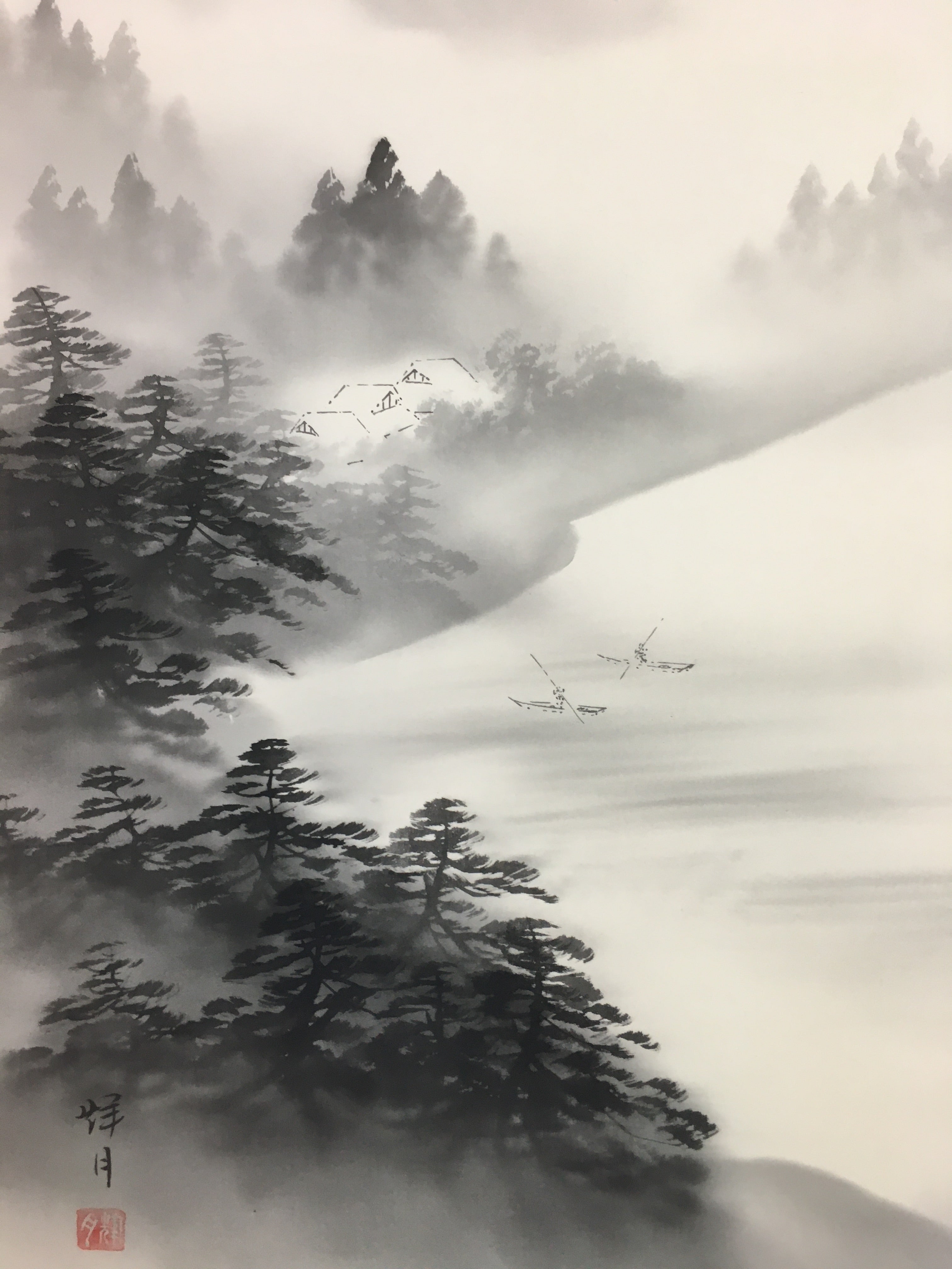 Japanese Hanging Scroll Vtg Kakejiku Kakemono Suiboku-Gan Mountains SC732