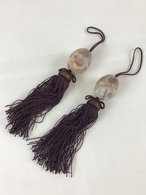 Japanese Hanging Scroll Weights Vtg Fuchin Agate Stone Purple Tassel FC310