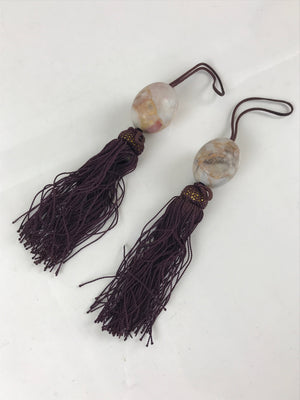 Japanese Hanging Scroll Weights Vtg Fuchin Agate Stone Purple Tassel FC310