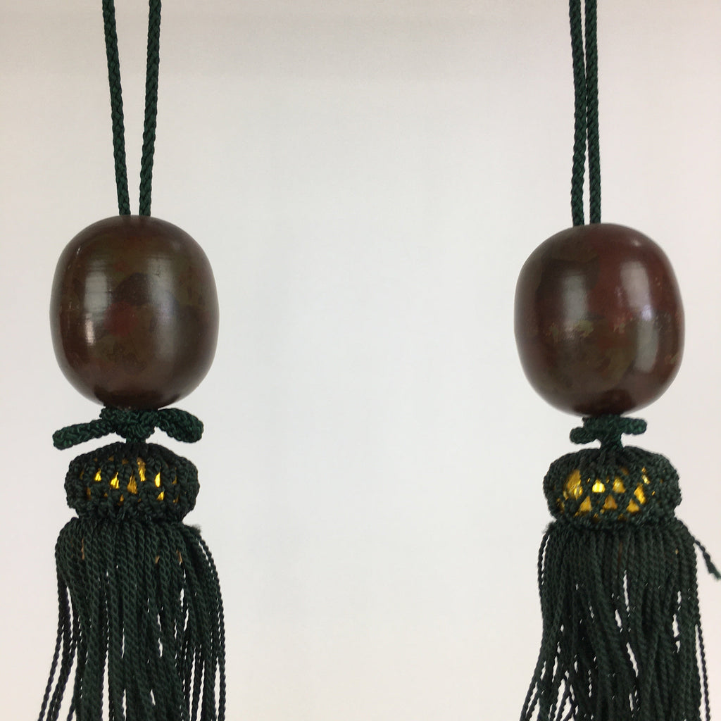 Japanese Hanging Scroll Weights Vtg Fuchin Brown Metal Green Tassel FC278