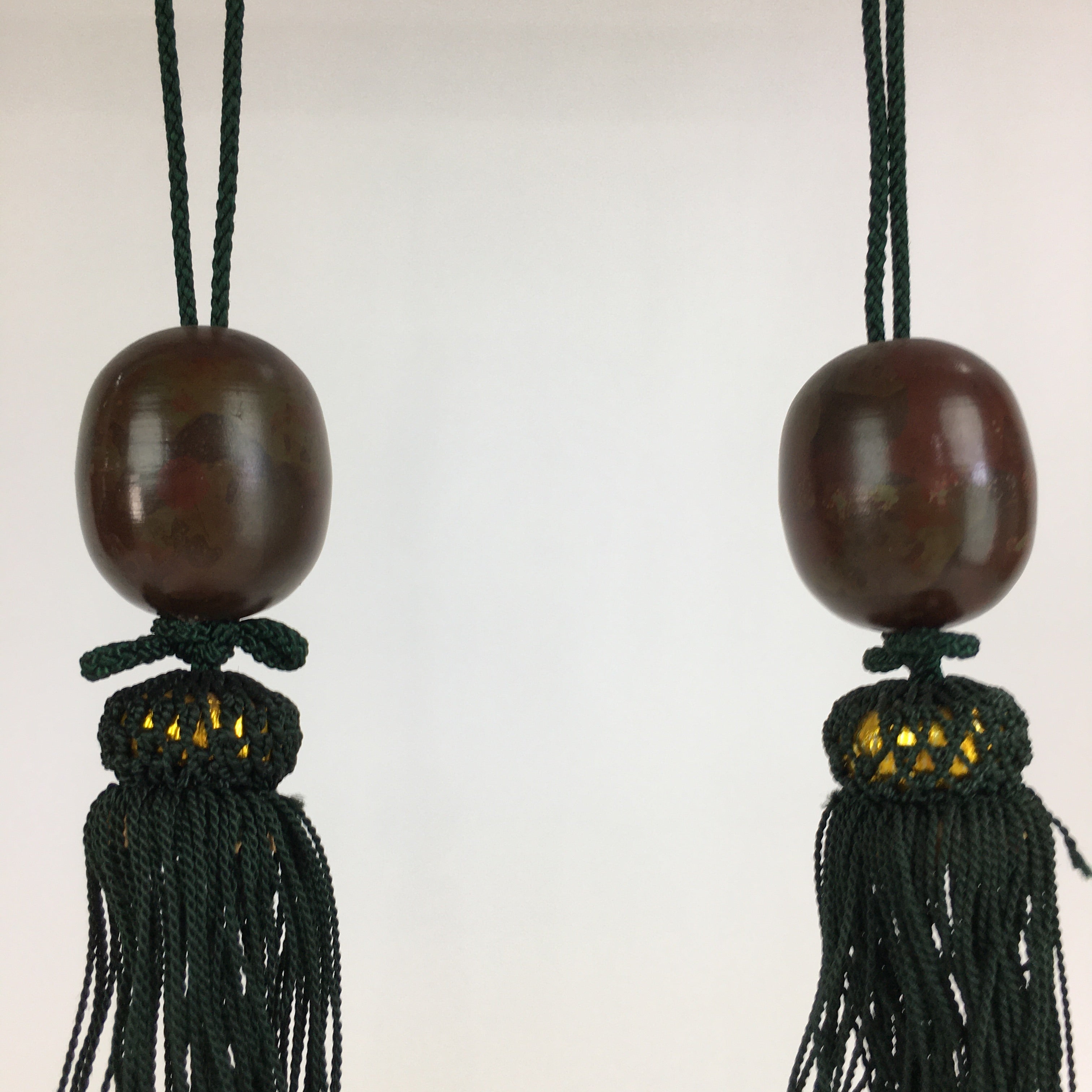 Japanese Hanging Scroll Weights Vtg Fuchin Brown Metal Green Tassel FC278