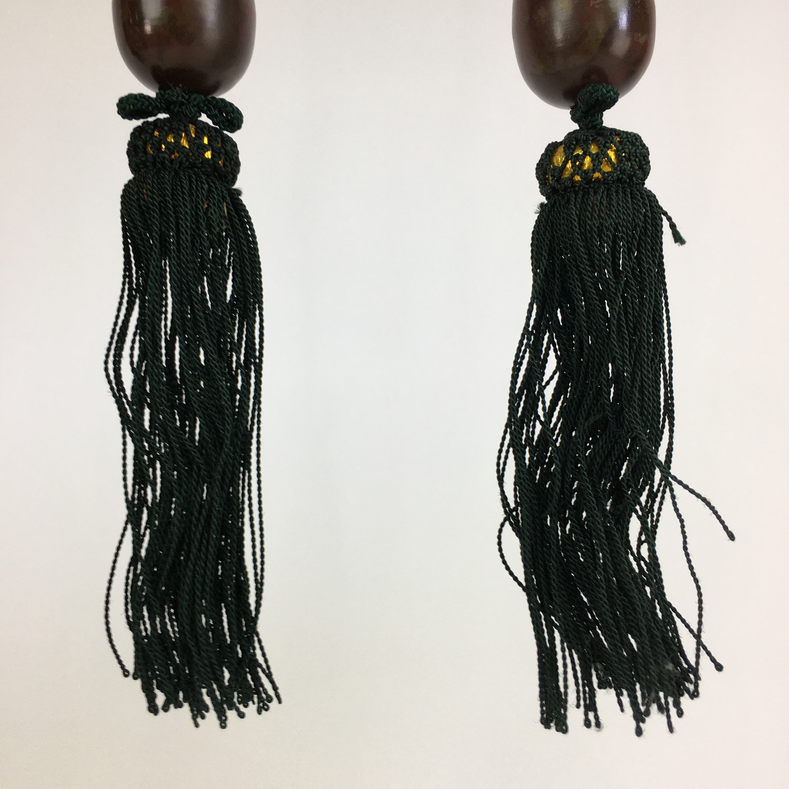 Japanese Hanging Scroll Weights Vtg Fuchin Brown Metal Green Tassel FC278